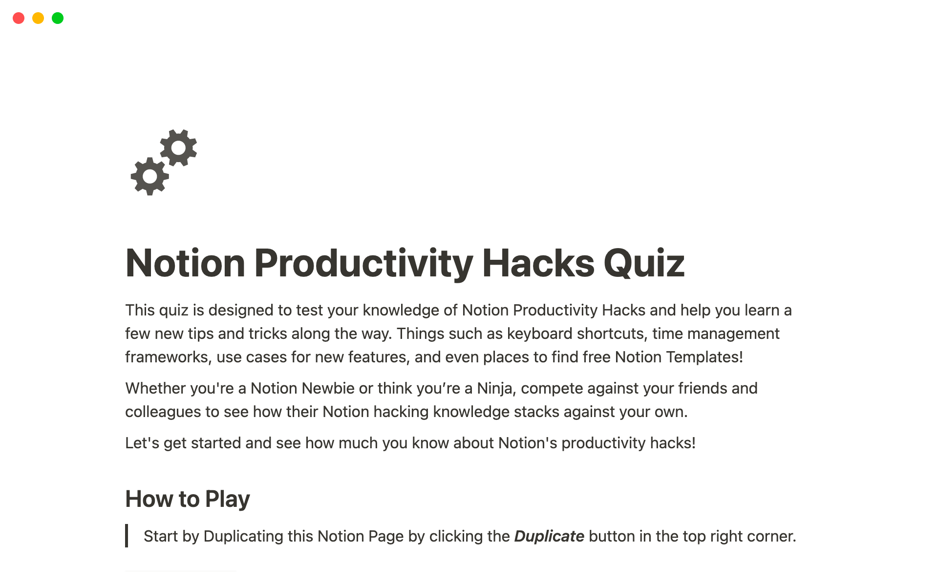 A template preview for Notion Productivity Hacks Quiz