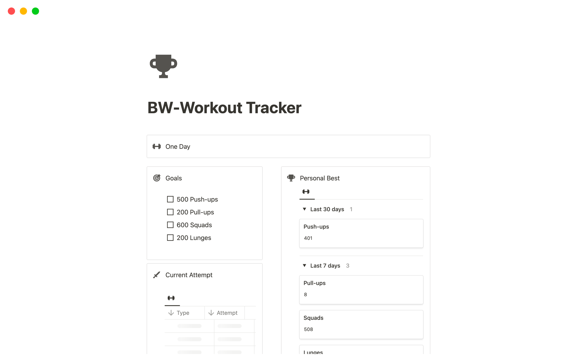 Bodyweight Workout Trackerのテンプレートのプレビュー