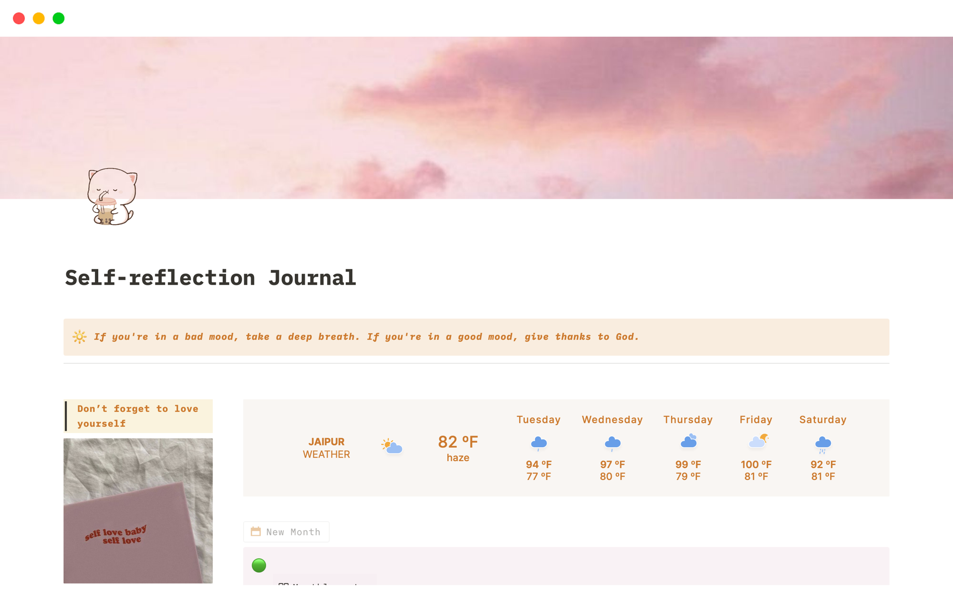 Self-reflection journal: You’ll get a sky-themed self-reflection journal. There you track your monthly feelings. 
