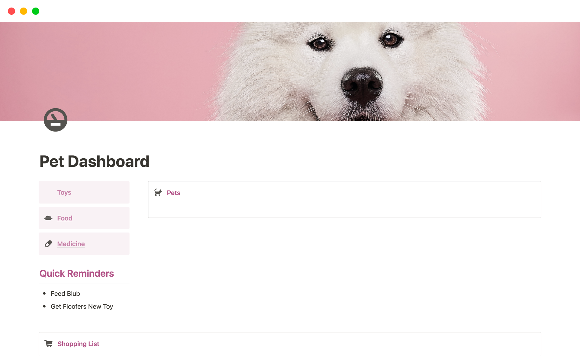 A template preview for Pet Dashboard