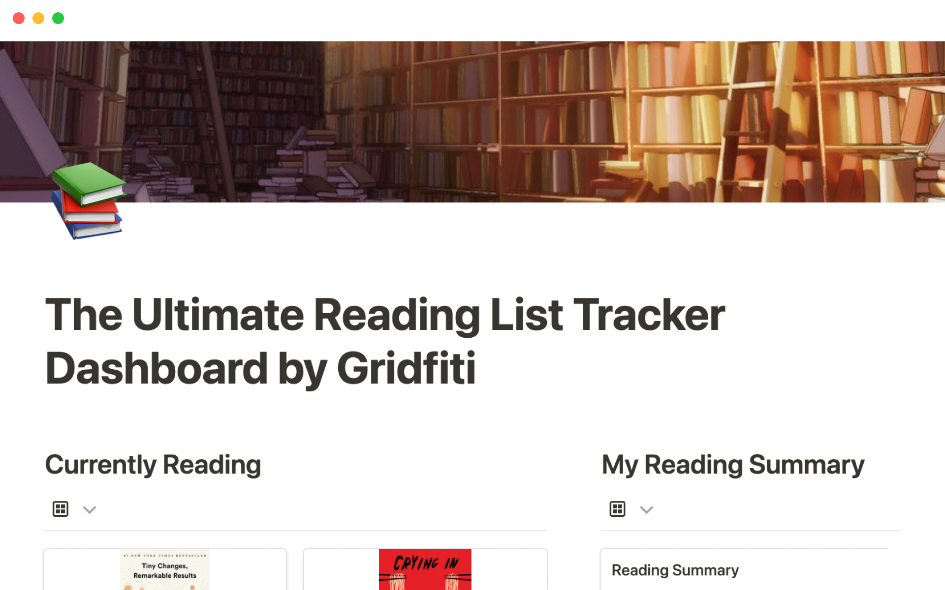 A template preview for Reading list tracker