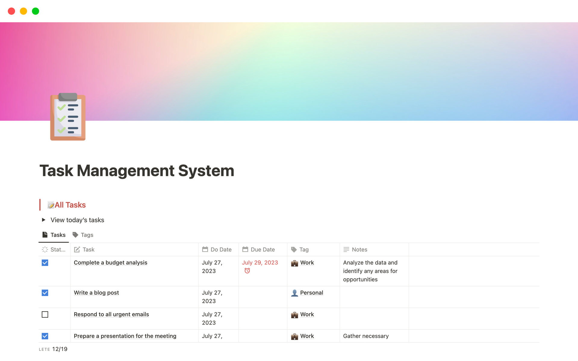 A template preview for Task Management System