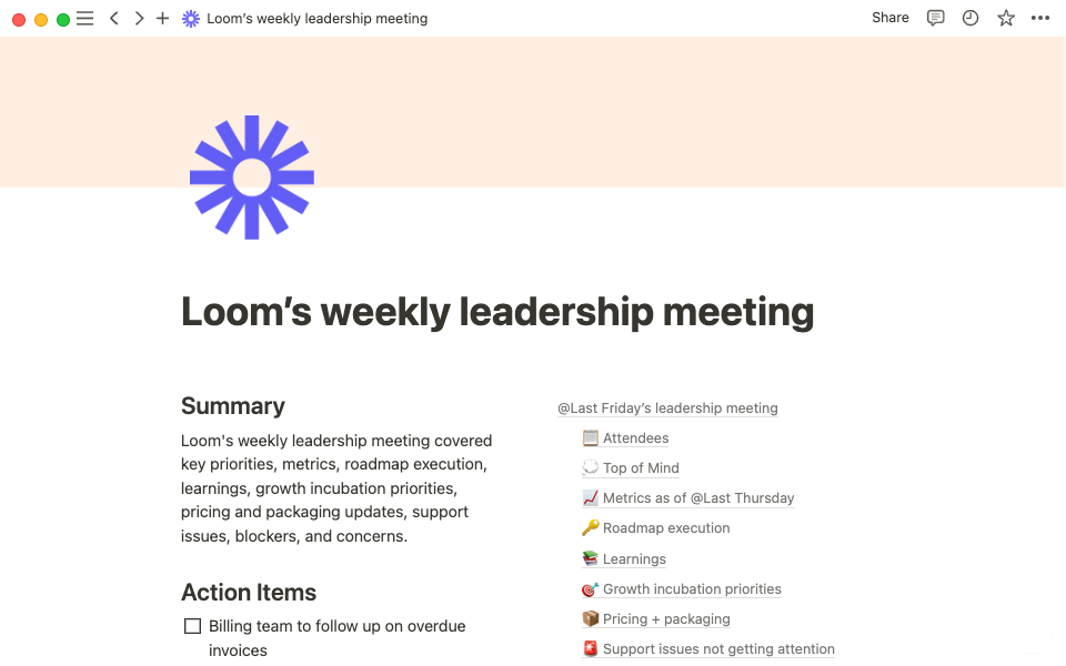 Loom uses a template to run leadership meetings aync.