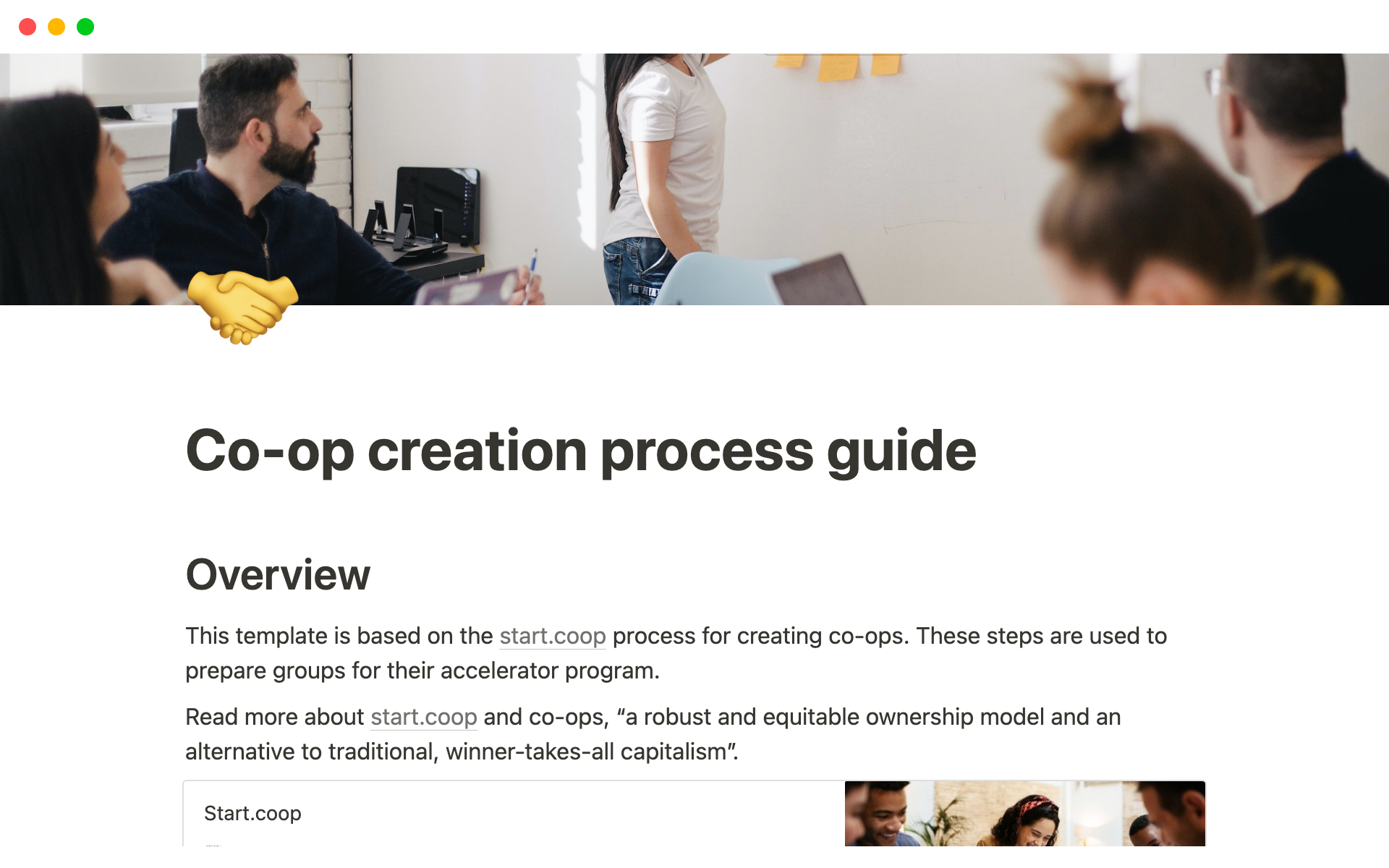 A template preview for Co-op creation process guide