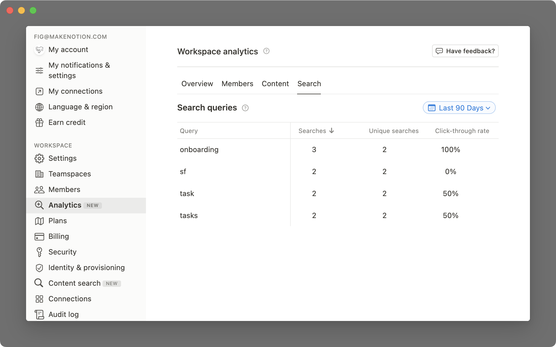 workspace analytics search tab