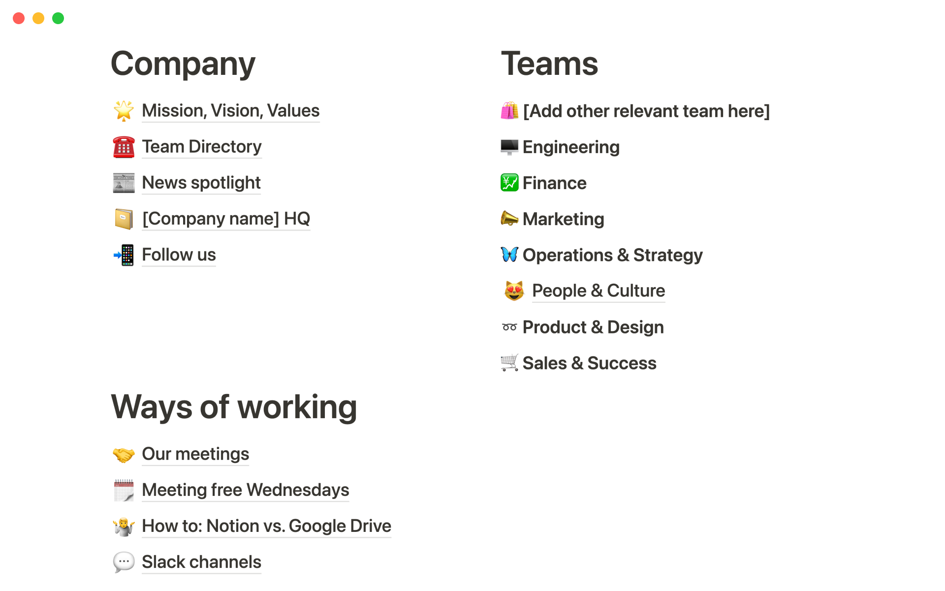 An internal company wiki for startups, covering company information, ways of working, and teams.
