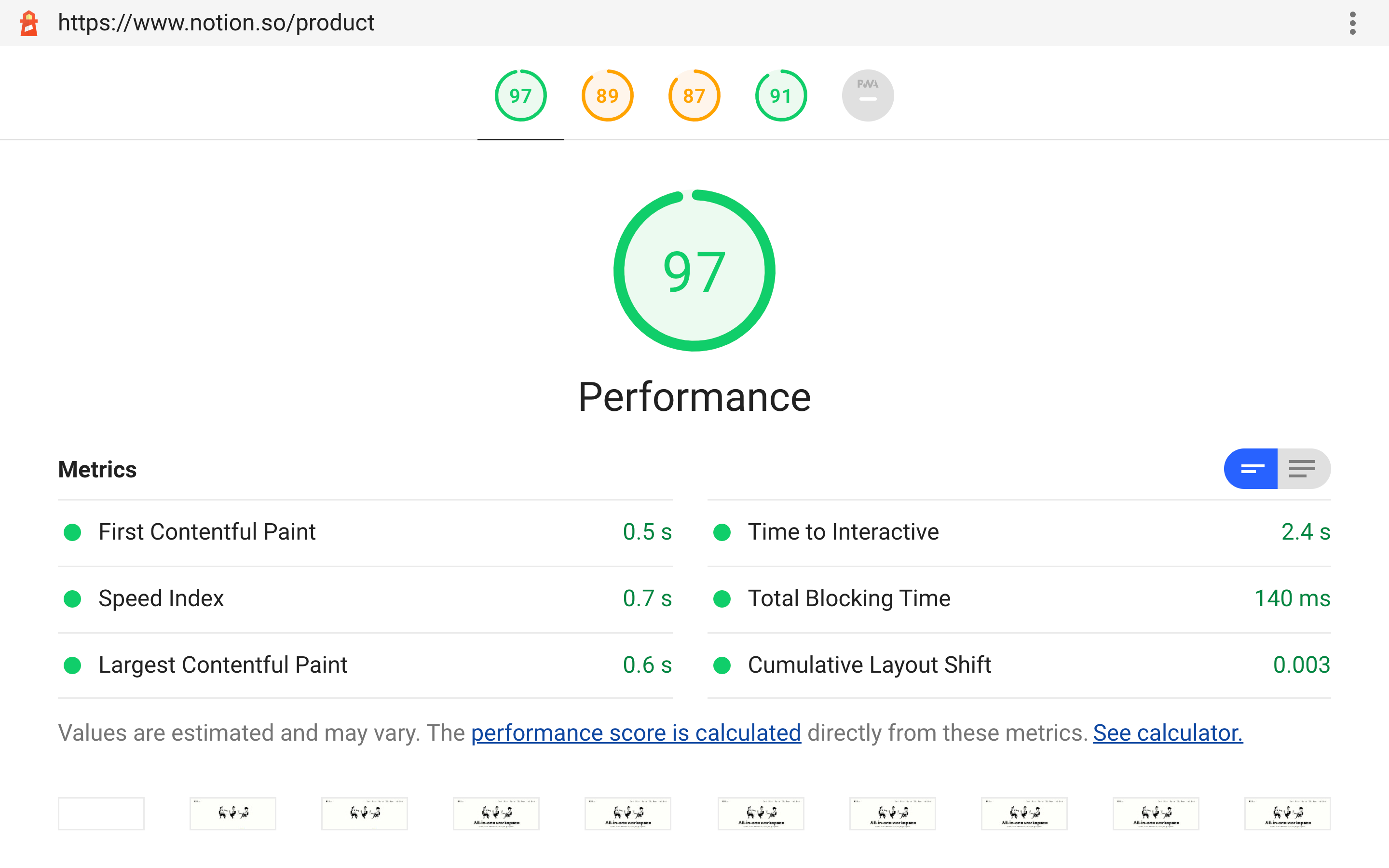 Our new Google Lighthouse score for notion.so/product.