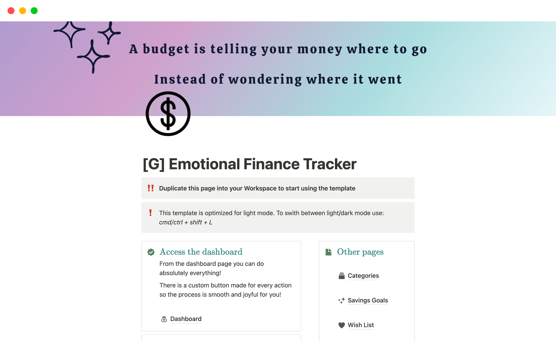 A template preview for Emotional Finance Tracker