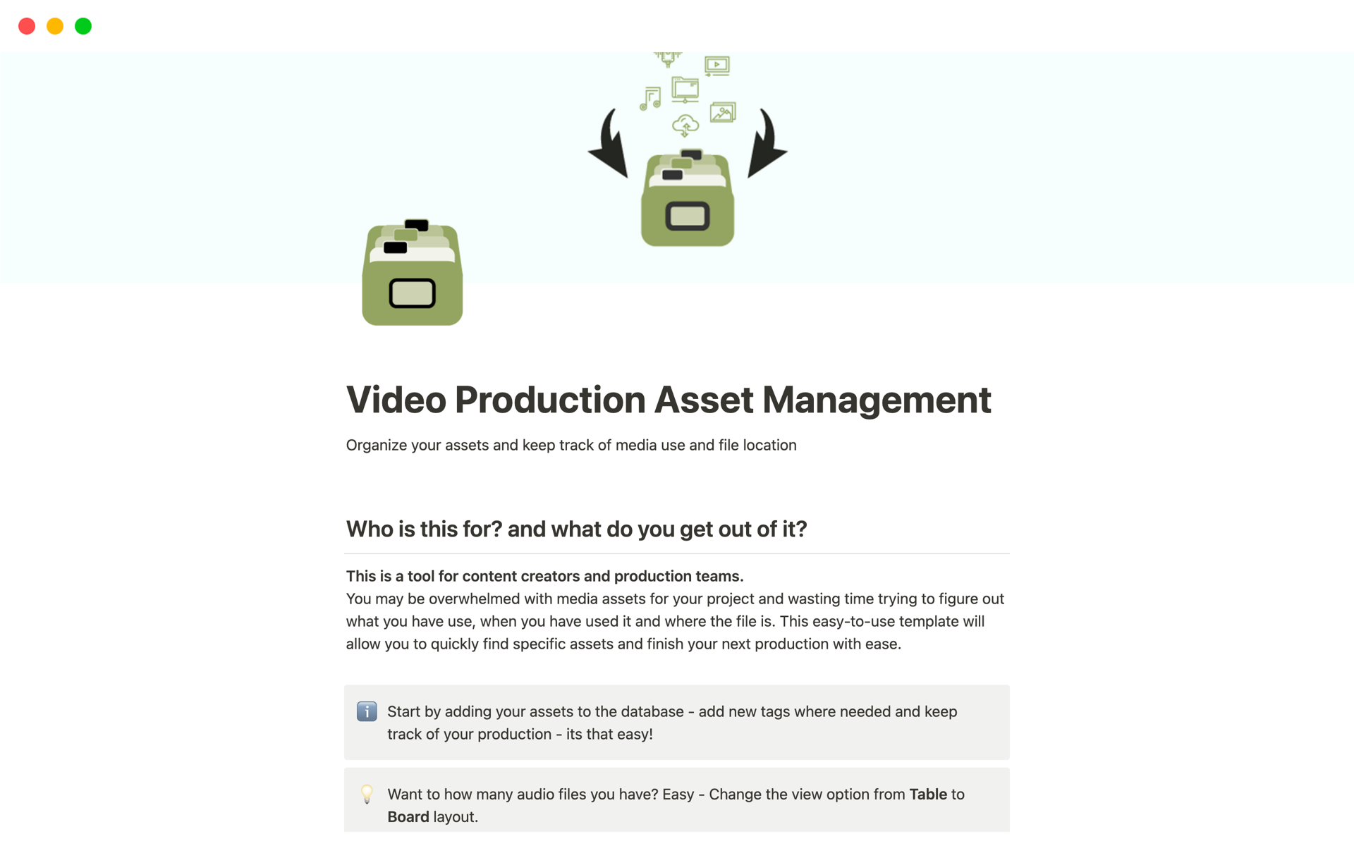 A template preview for Video Production Asset Management