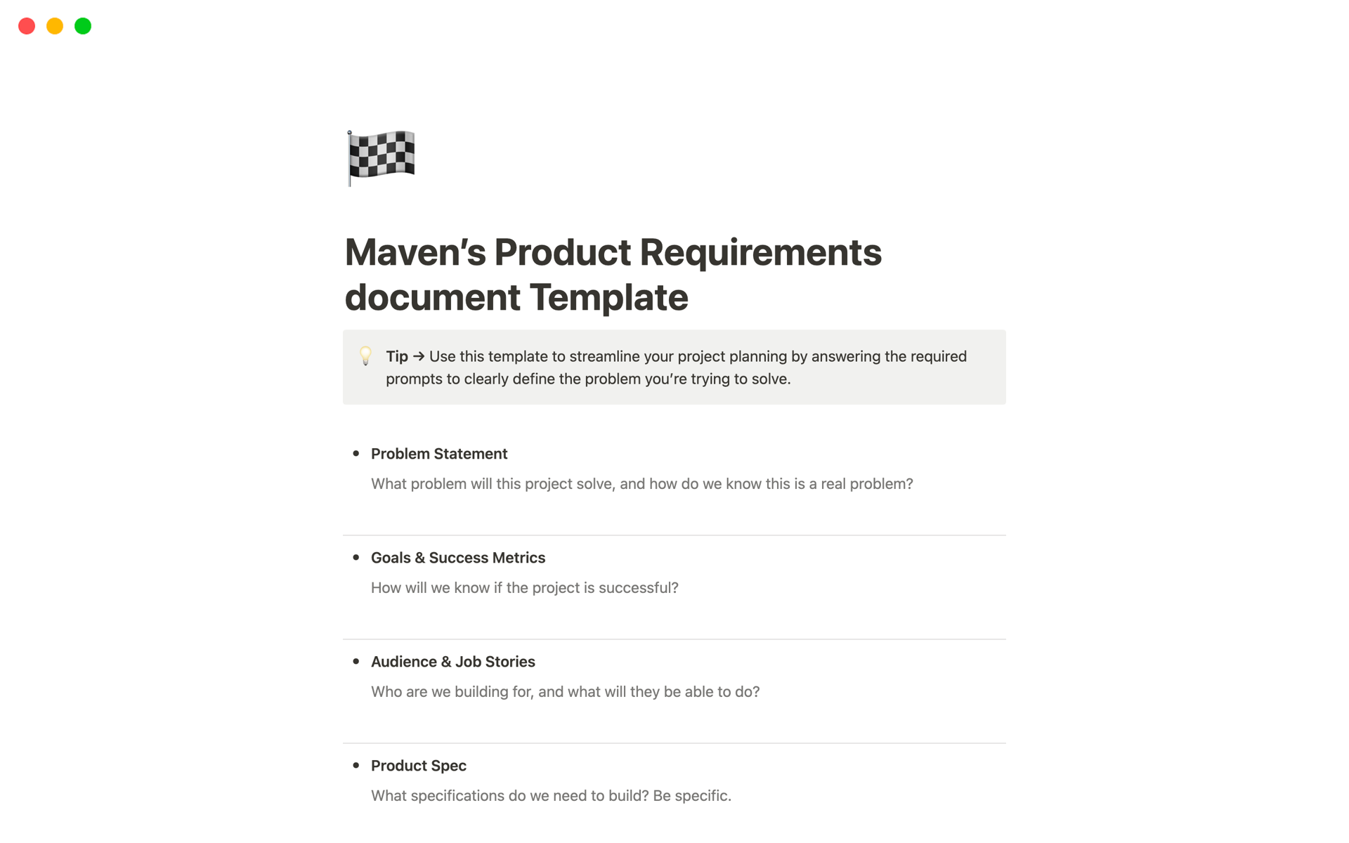 A template preview for Product Requirements Document