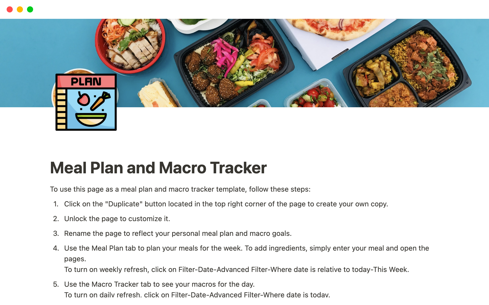 Weekly meal plan and macro tracker.