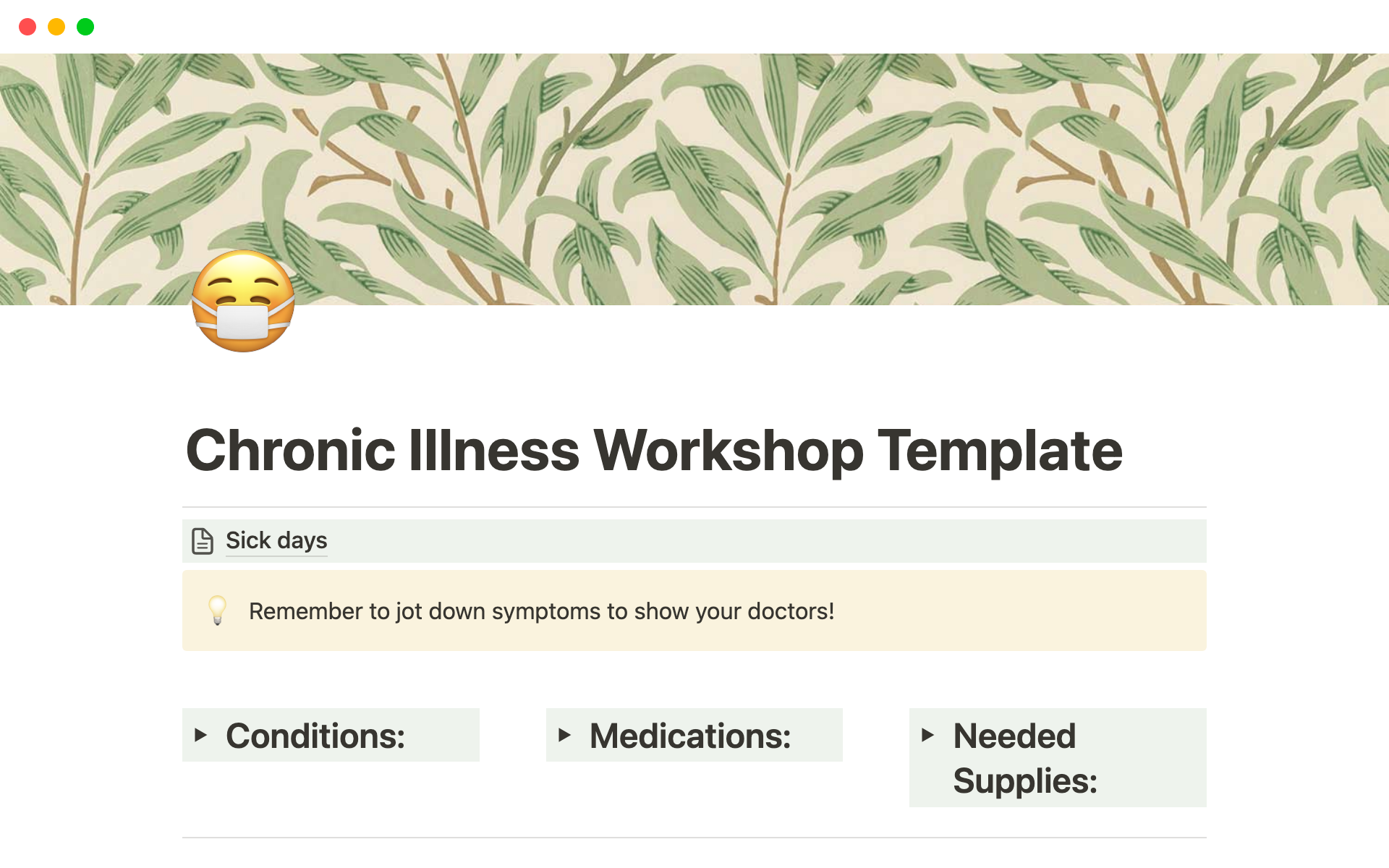 This template allows you to organize and manage prescriptions, doctors, illnesses, symptoms, and track symptoms and flare days.