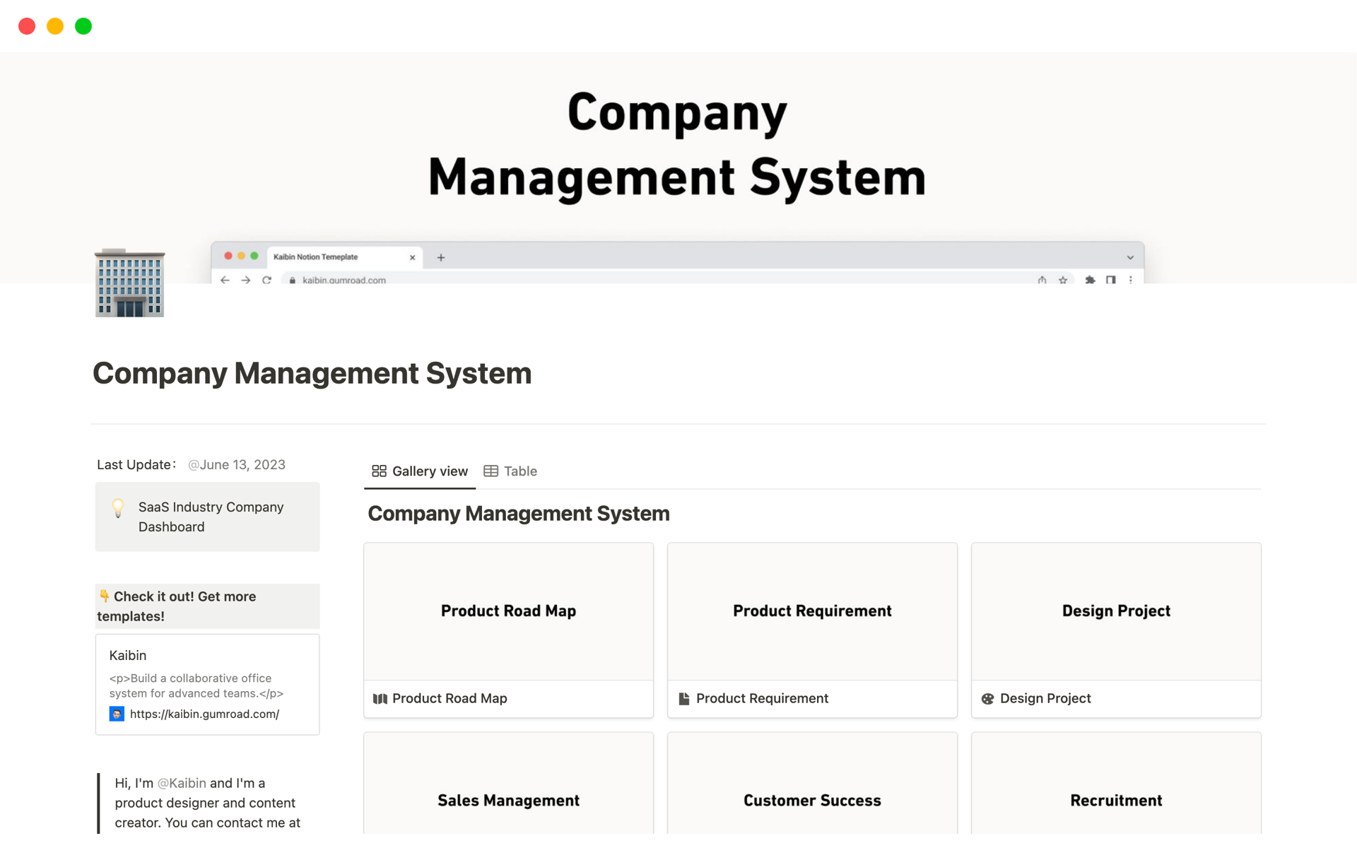 A template preview for Company Management System