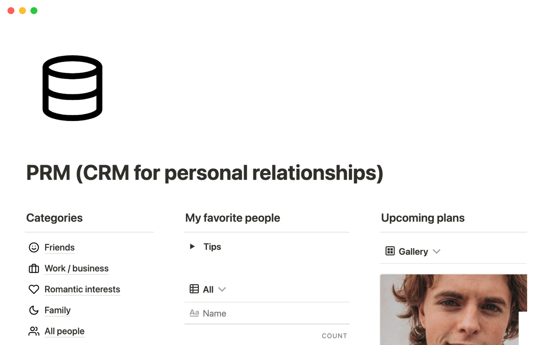 A template preview for Personal relationship manager