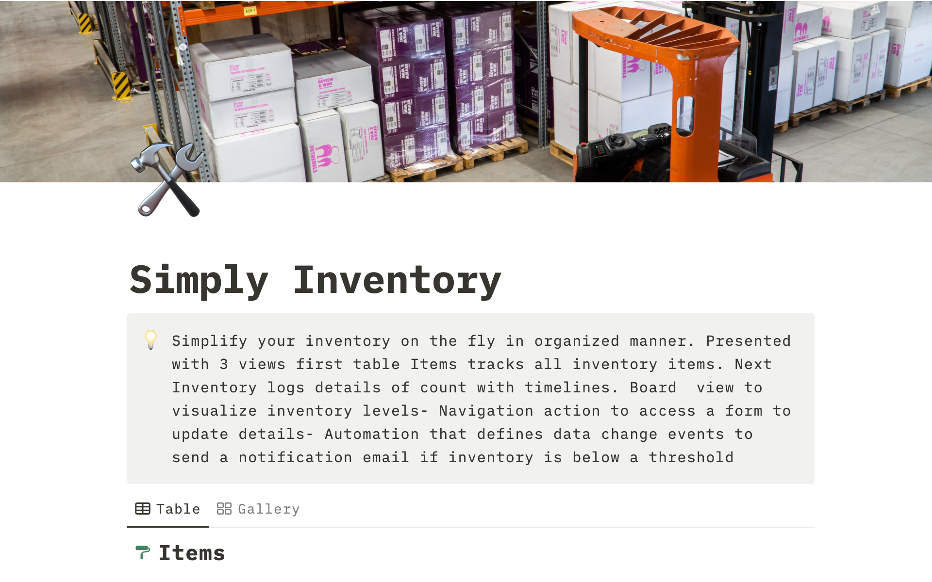 A template preview for Simplify Inventory