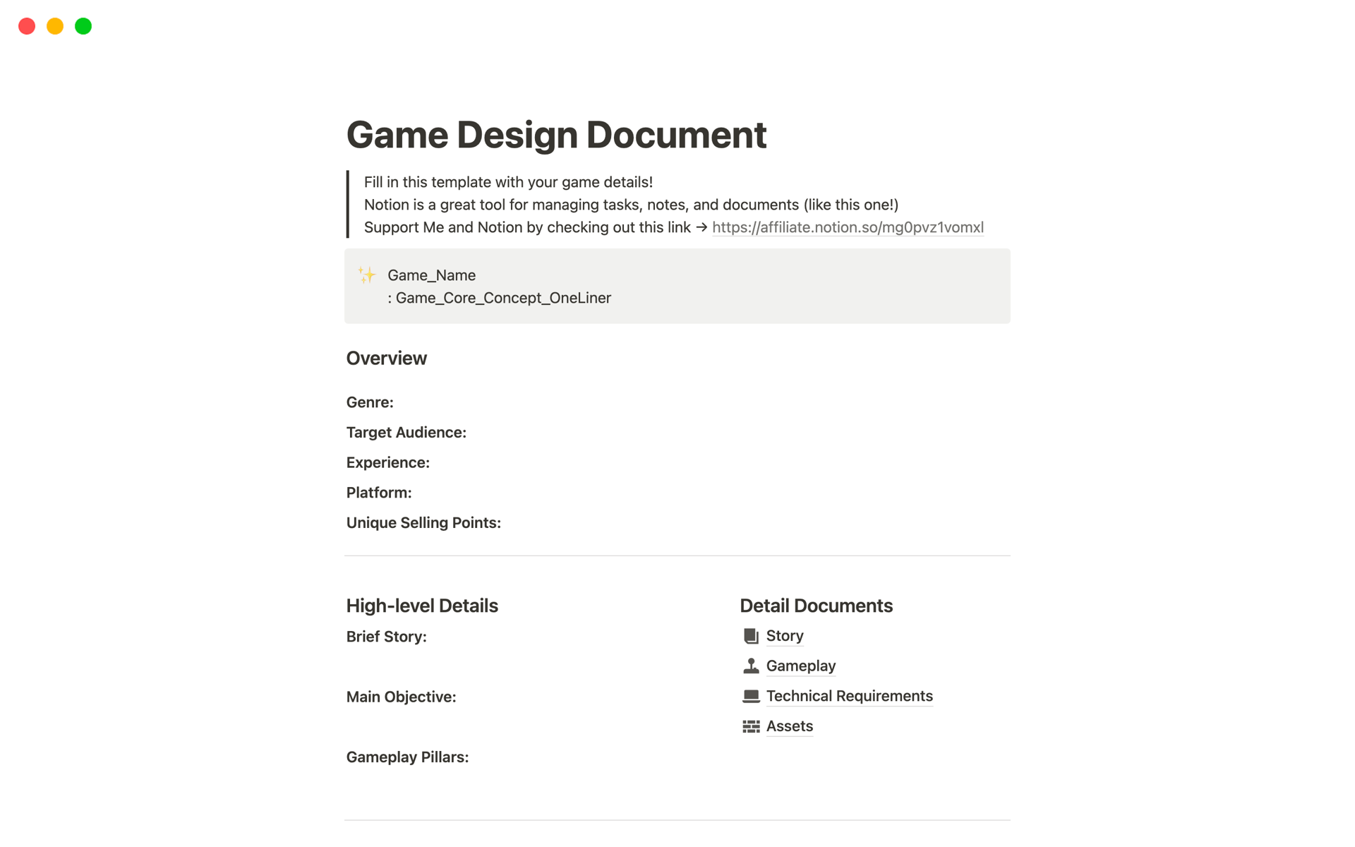 A template preview for Game Design Document