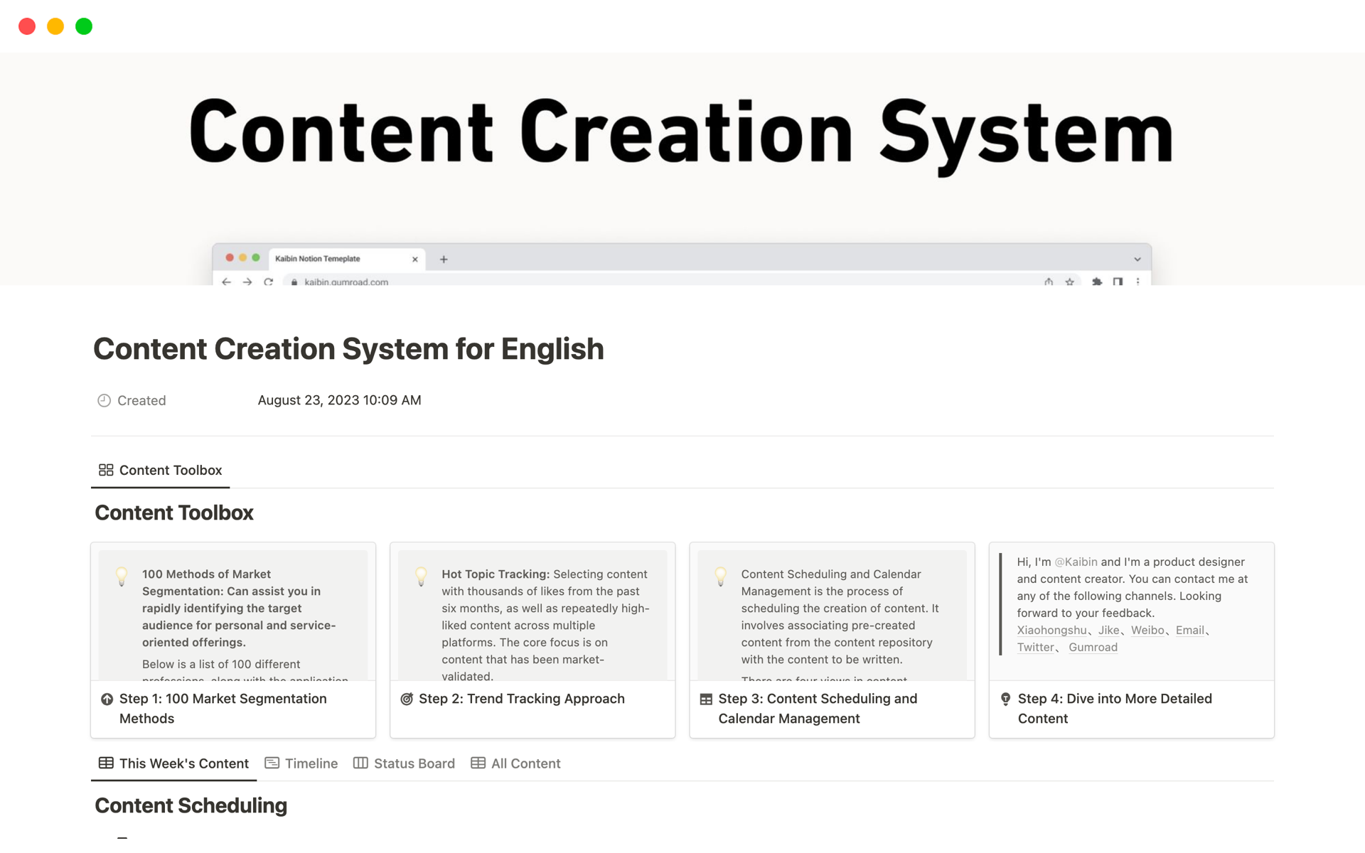 A template preview for Content Creation System for English