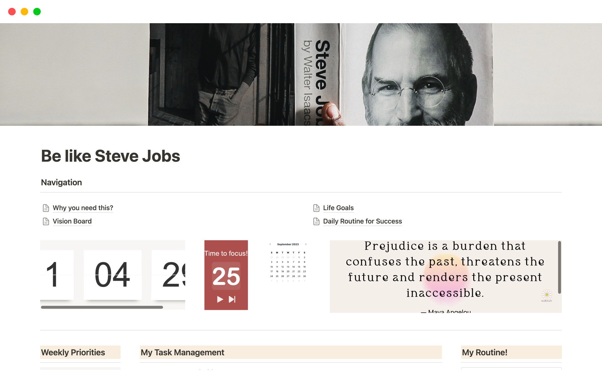A template preview for JobsInspire Notion Kit: Be Like Steve Jobs