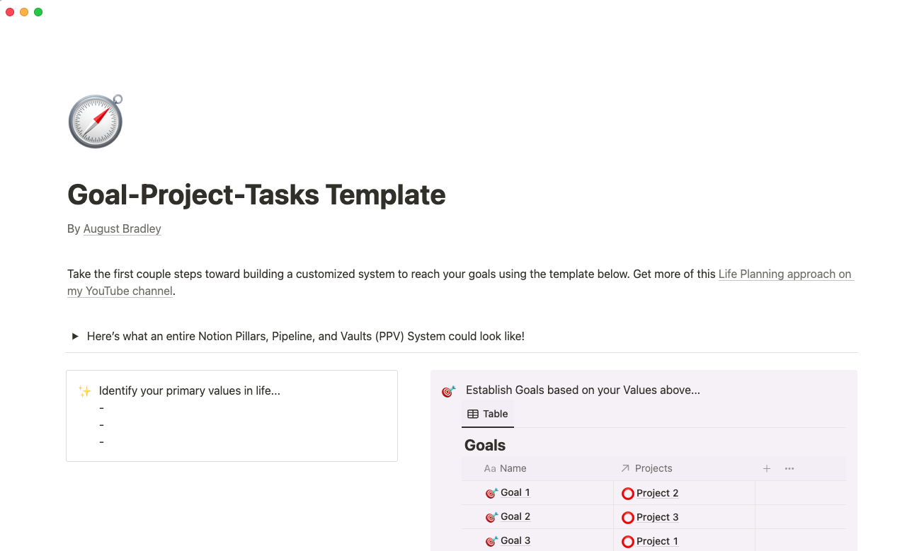 goal project tasks template