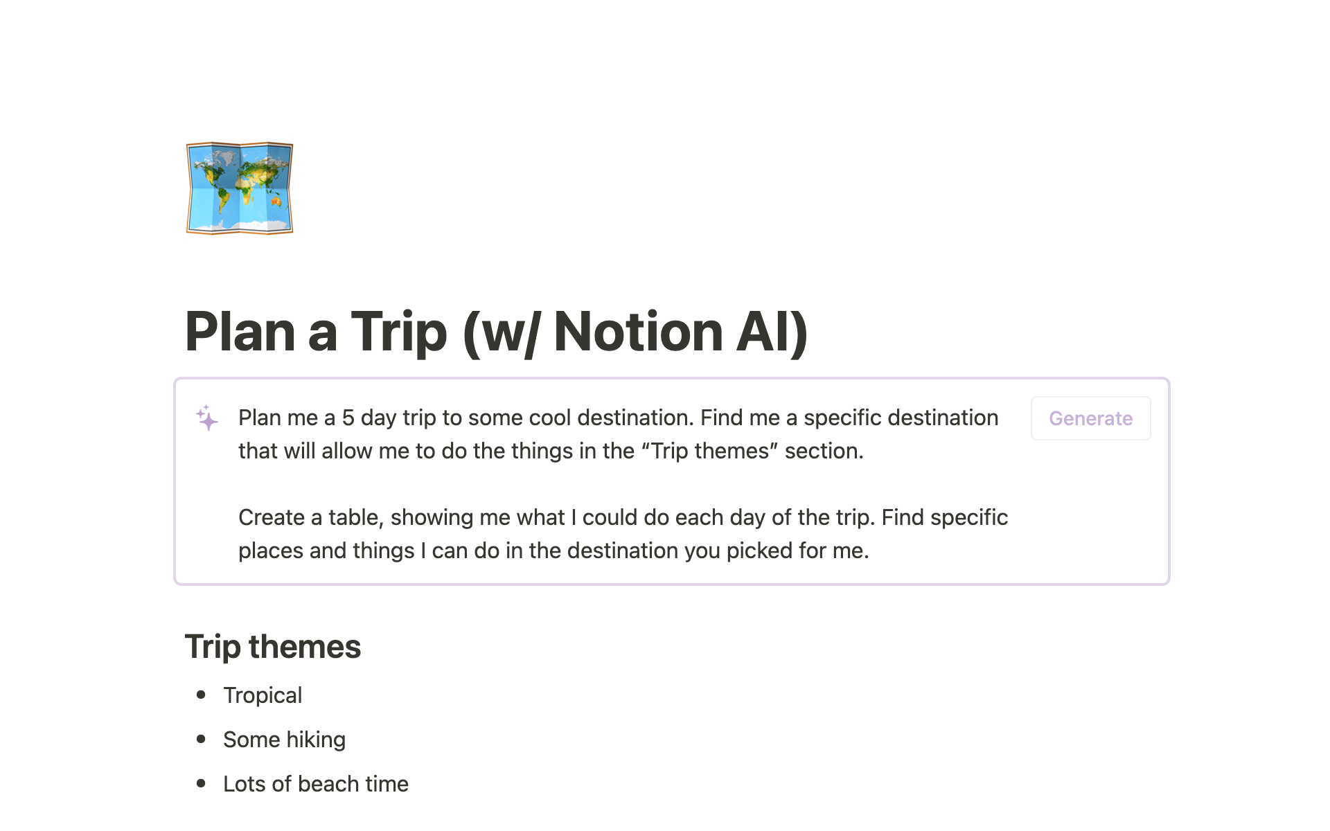 Notion AIで旅行計画のテンプレートのプレビュー