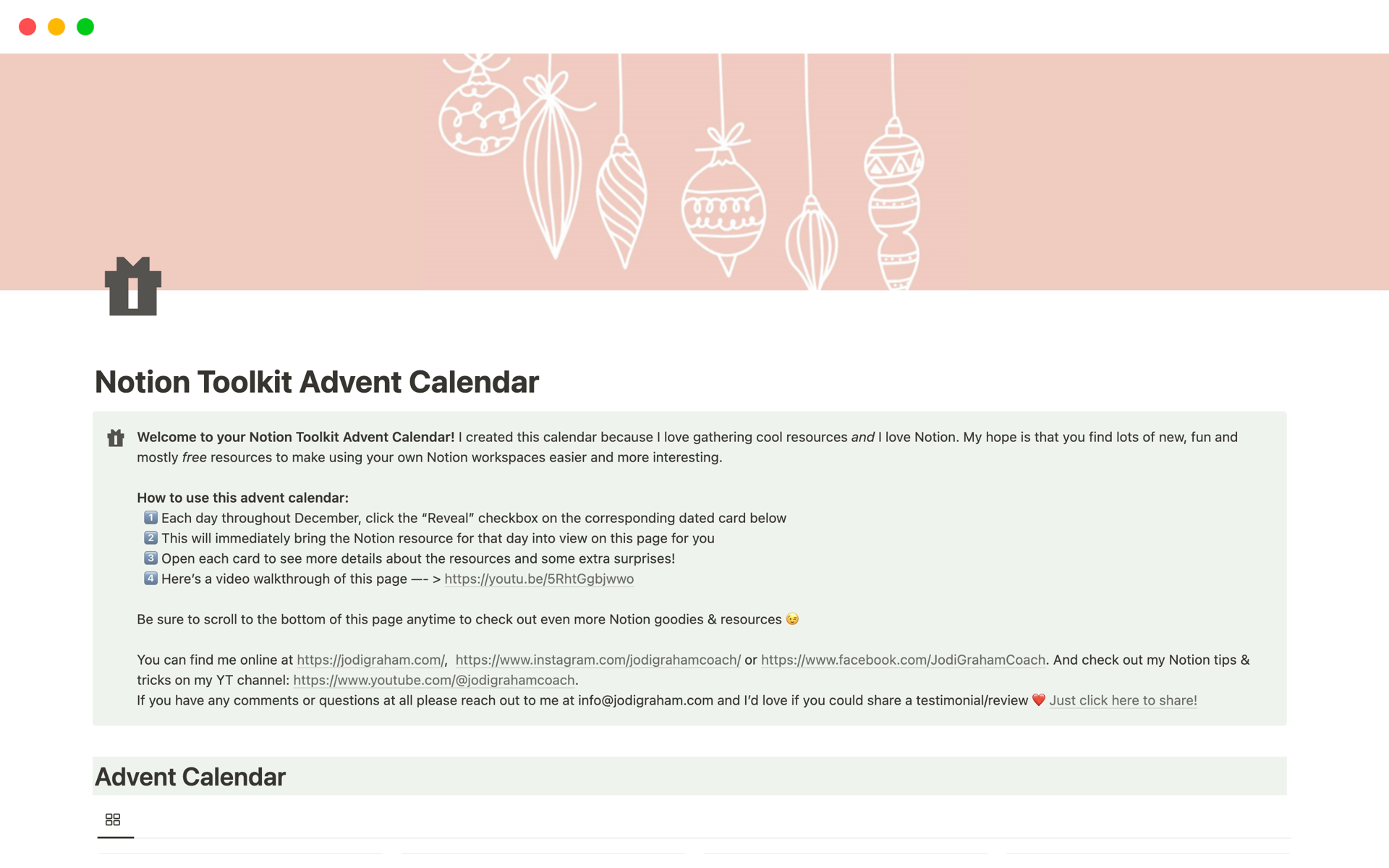 A template preview for Notion Toolkit Advent Calendar