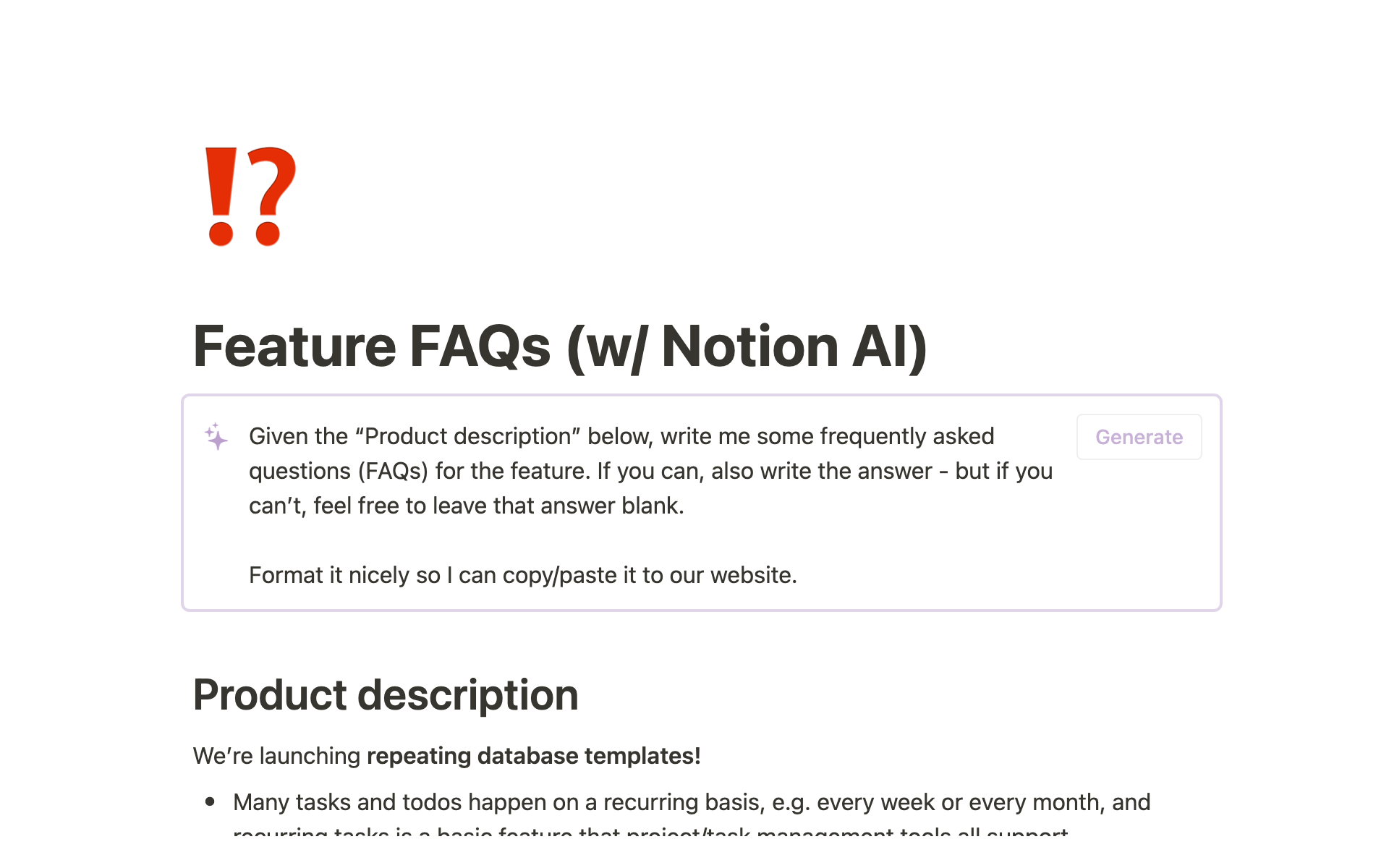 A template preview for Feature FAQs (w/ Notion AI)