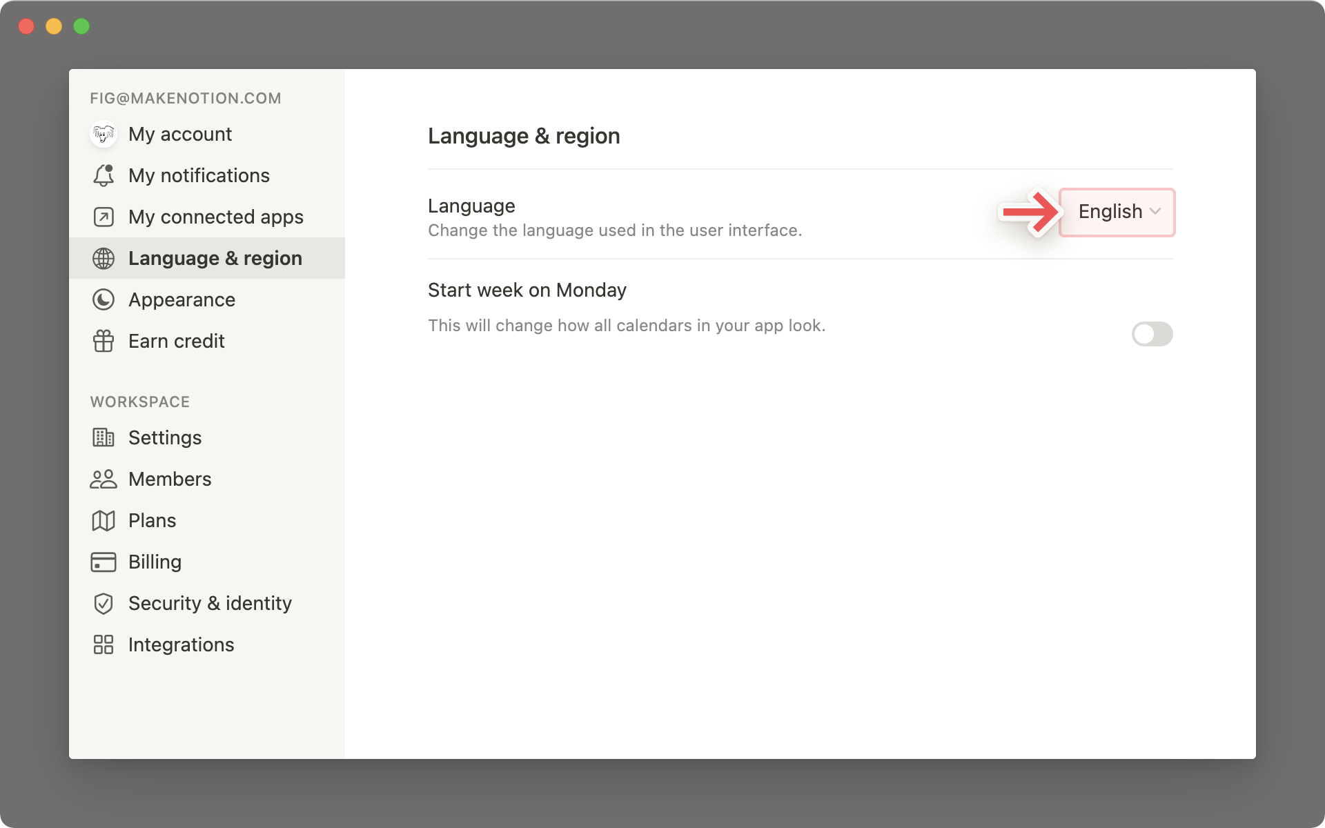 Einstellungen: Sprache und Region - Sprache