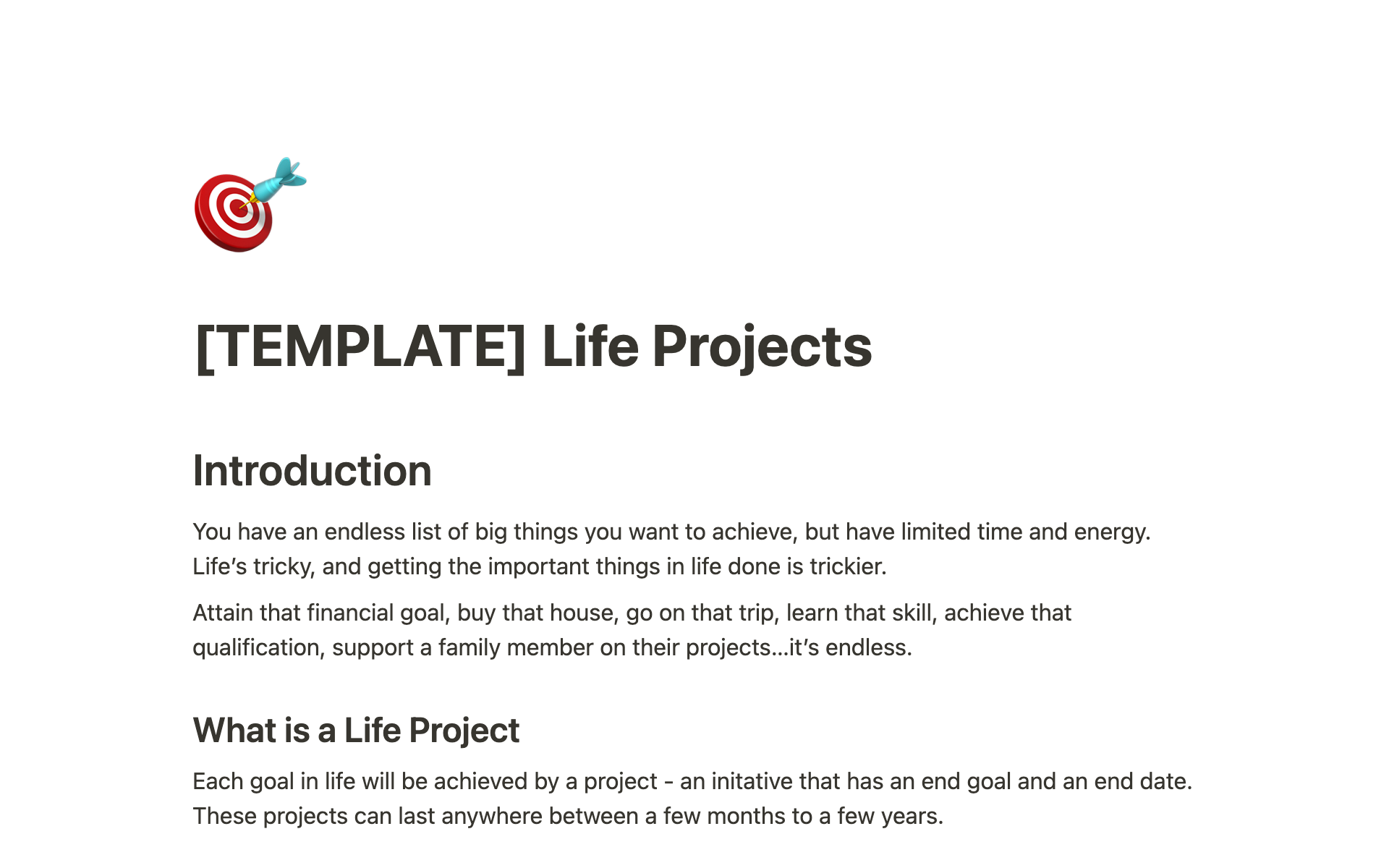 Eine Vorlagenvorschau für Life Projects