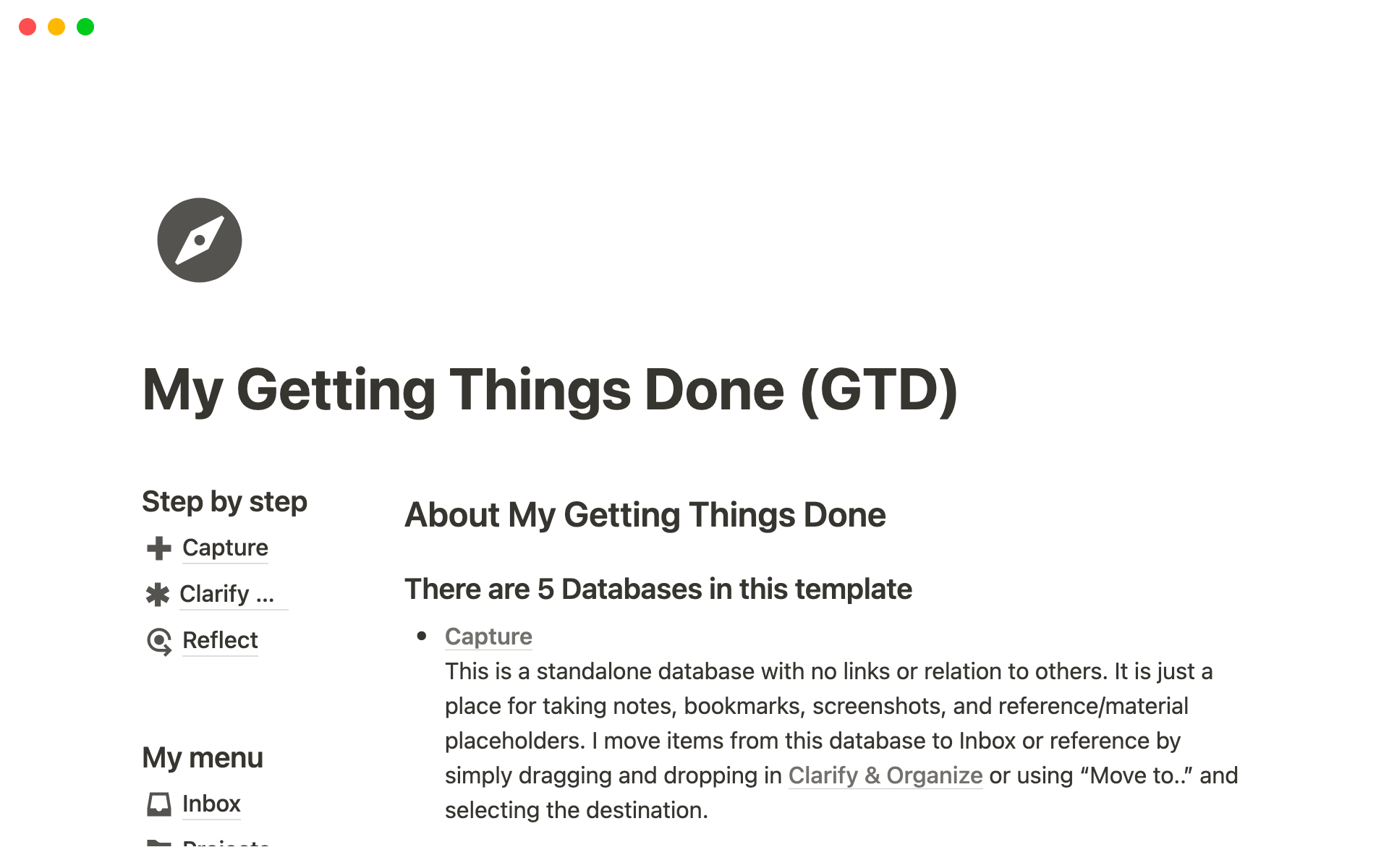 A template preview for My Getting Things Done (GTD) for Notion