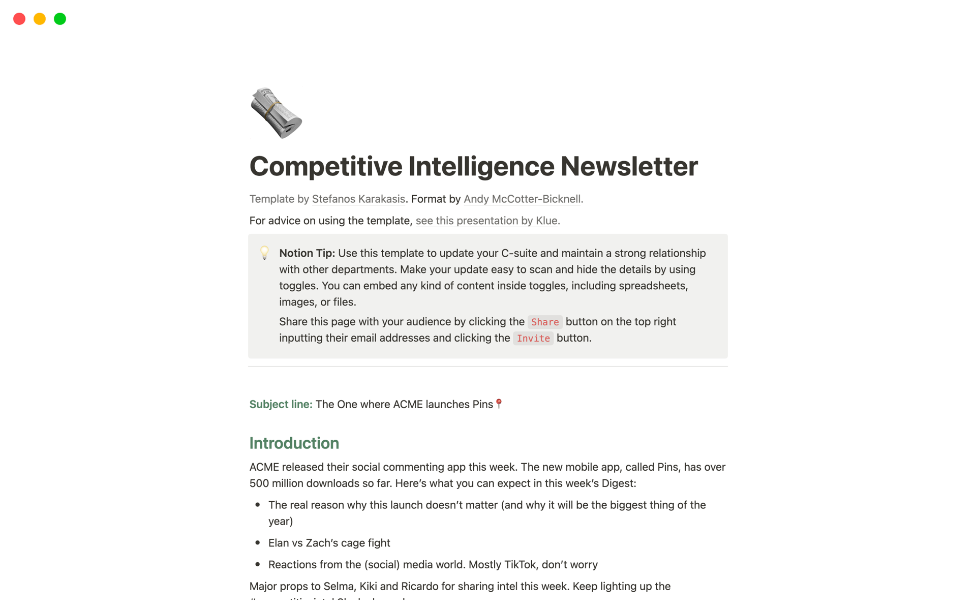A template preview for Competitive Intelligence Newsletter