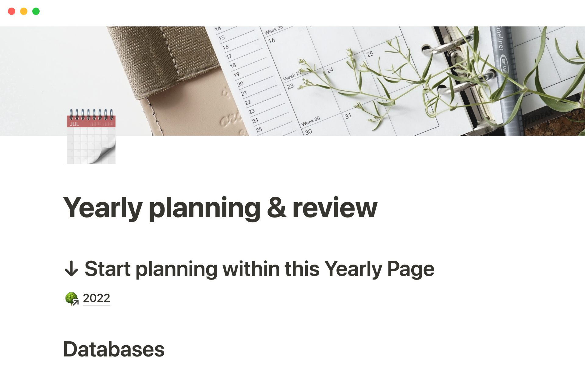 A template preview for Yearly planning and review