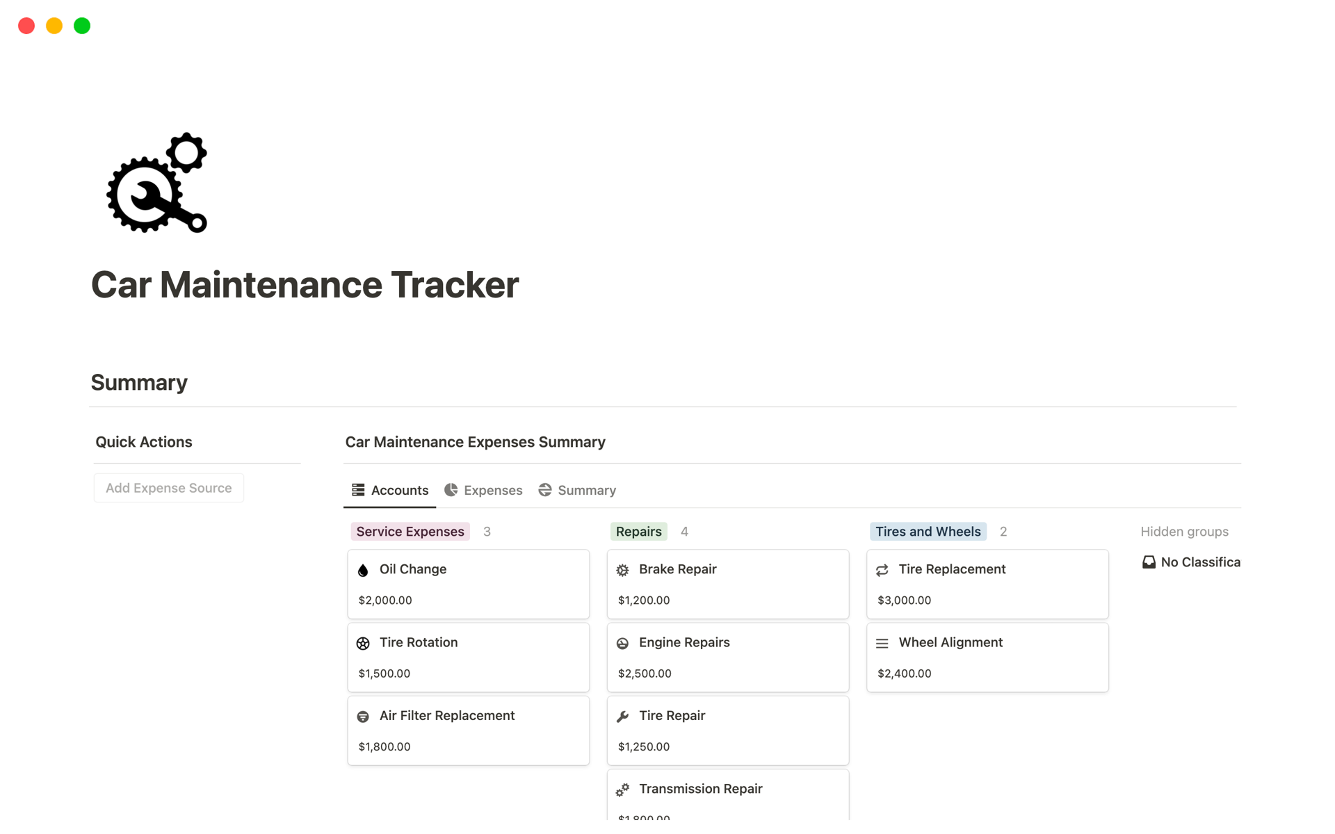A template preview for Car Maintenance Tracker