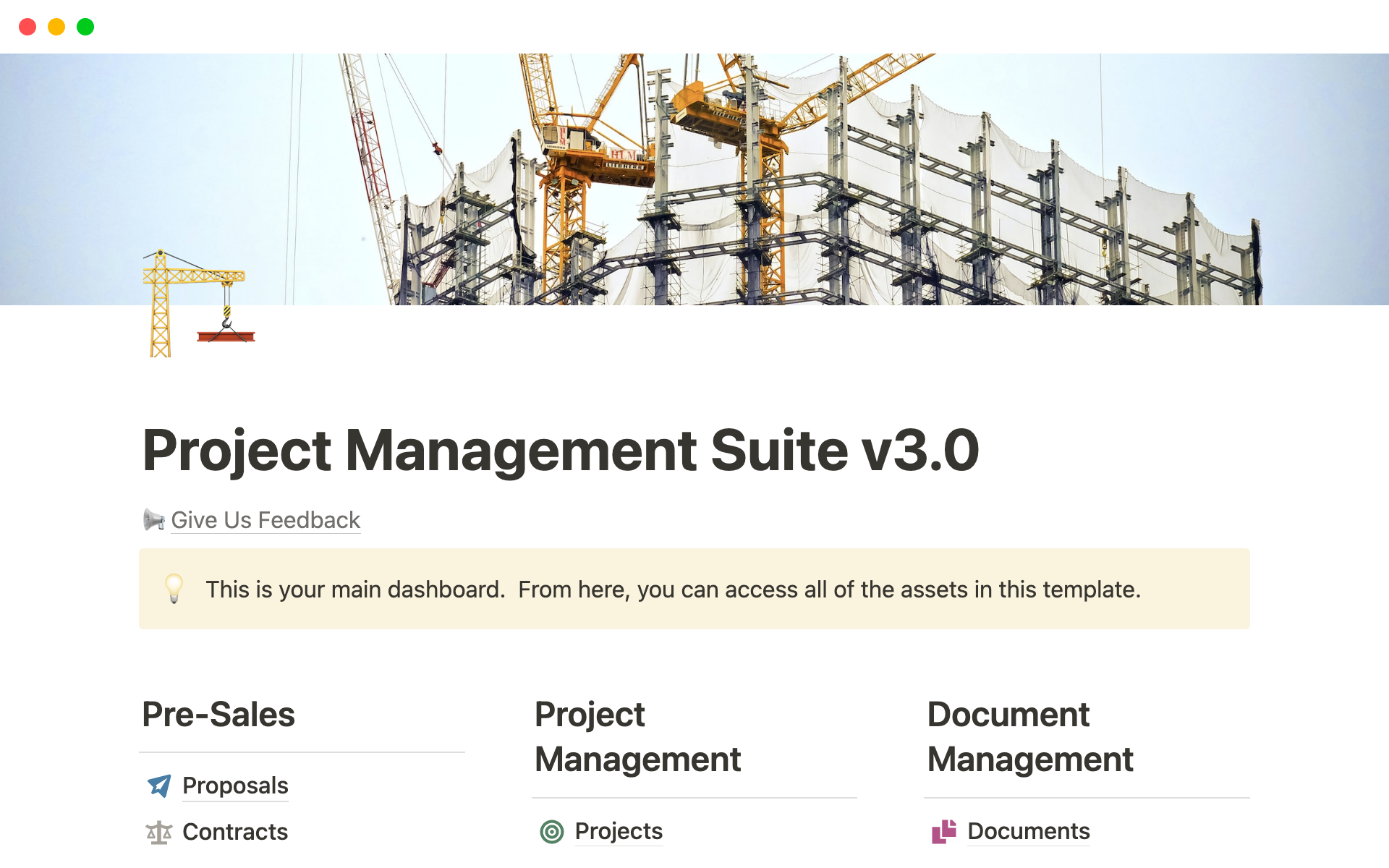 Eine Vorlagenvorschau für Contractor Project Management Suite v3.0
