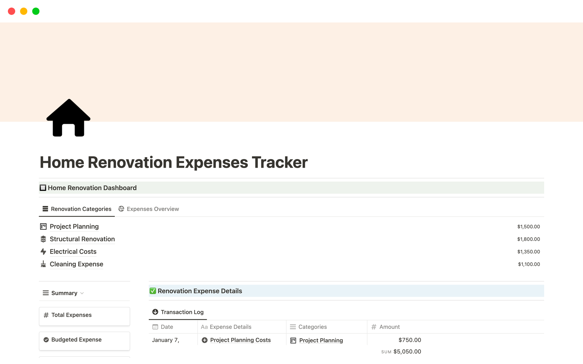 Home Renovation Expenses Tracker Notion Template