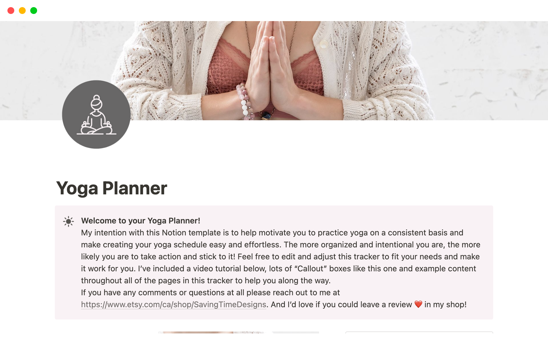 A template preview for Yoga Planner