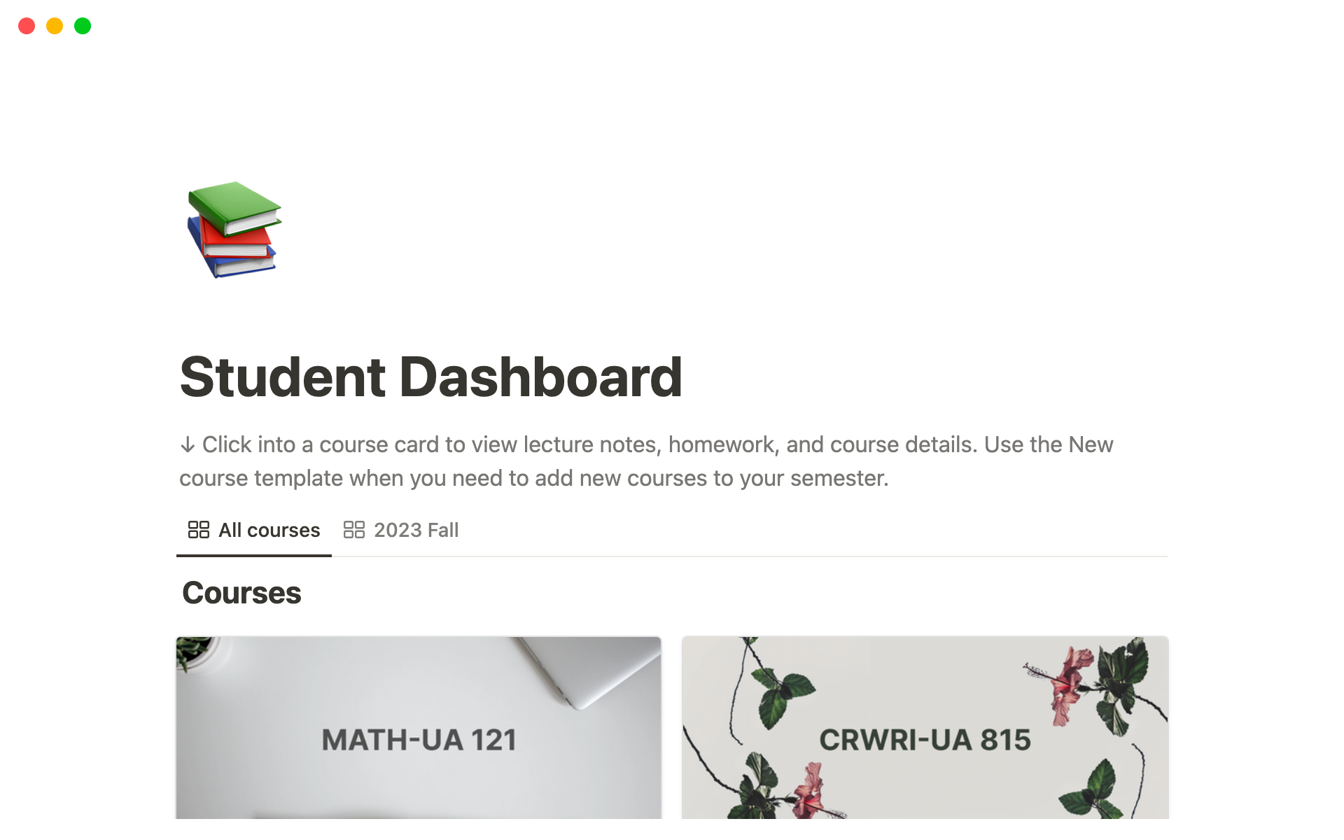 A template preview for Student dashboard