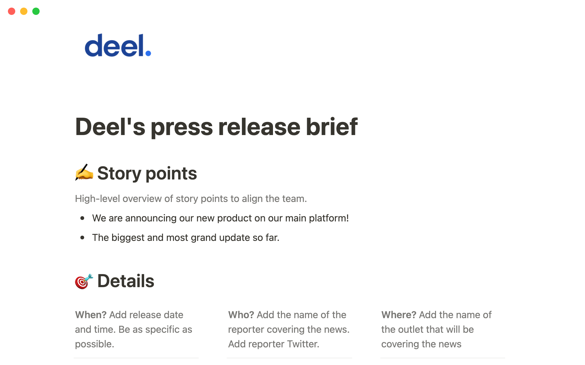 A template preview for Deel's press release brief