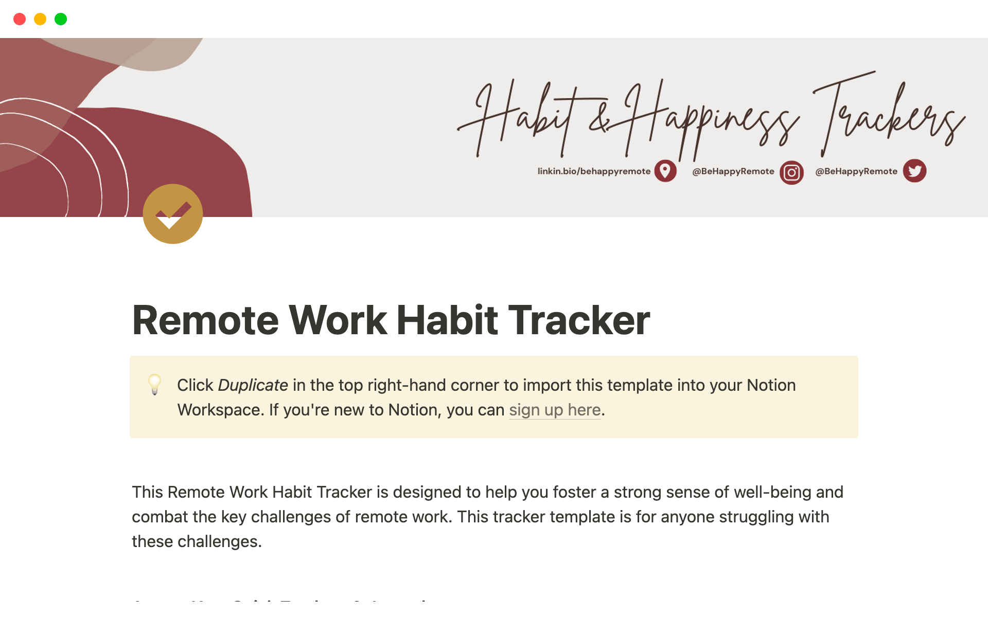 Eine Vorlagenvorschau für Remote Work Habit & Happiness Tracker