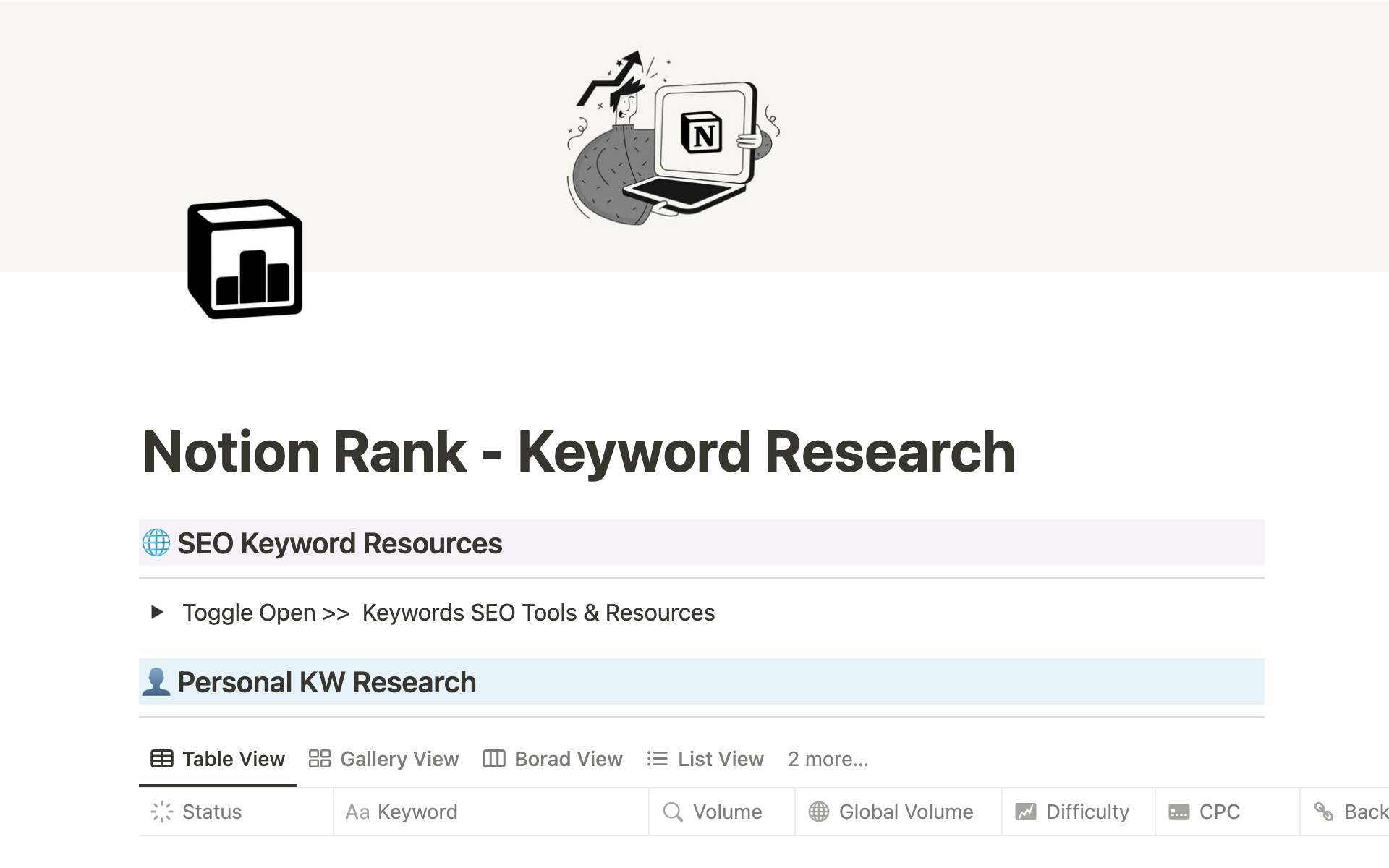 A template preview for Notion Rank - Keyword Research
