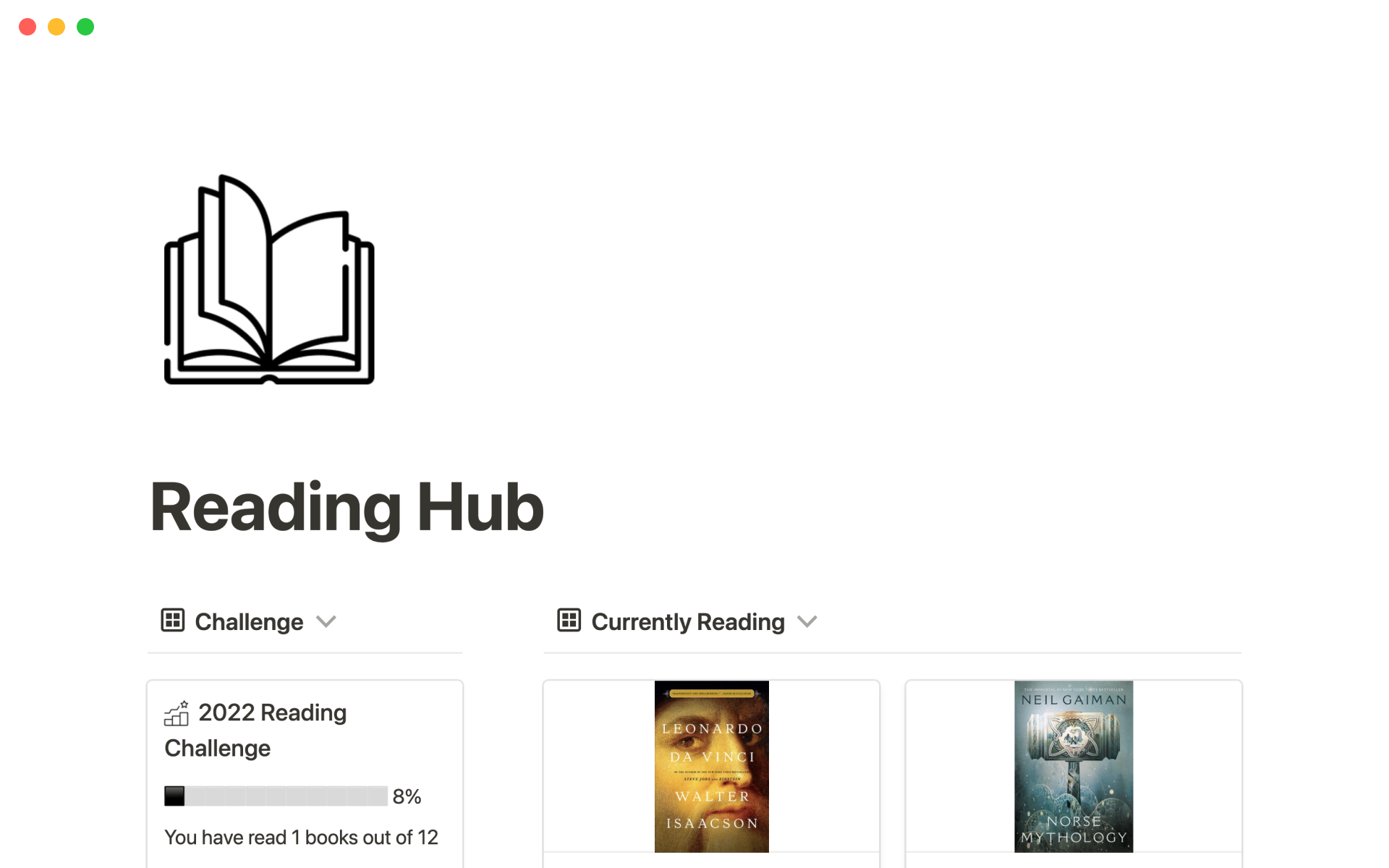 A template preview for Reading hub