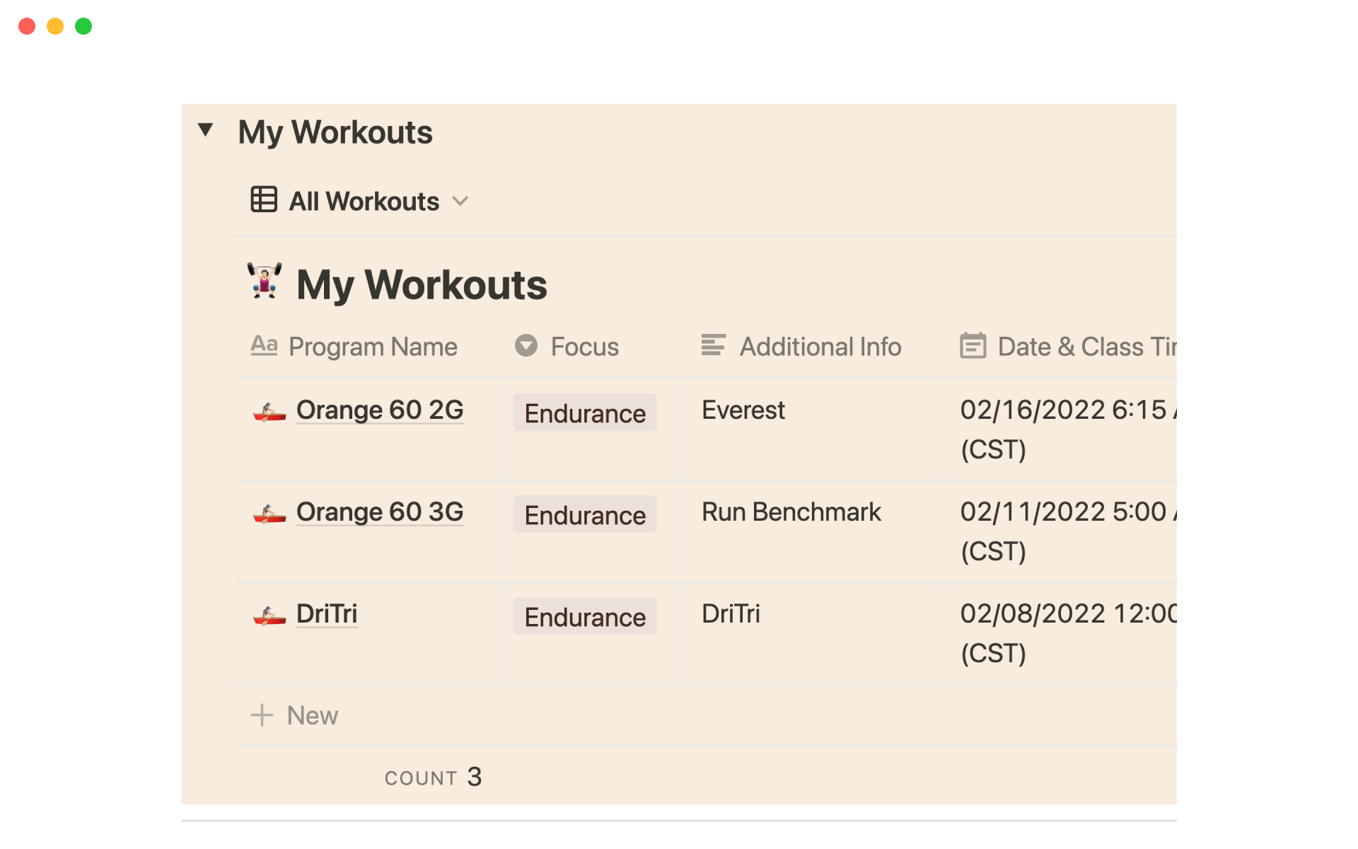 Easily track your fitness history with this workout database.