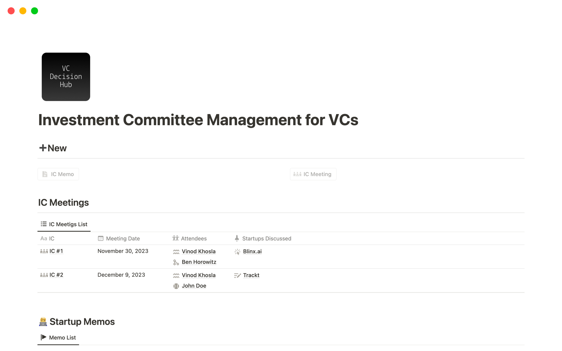A template preview for VC Decision Hub - IC & Memo Management for VCs