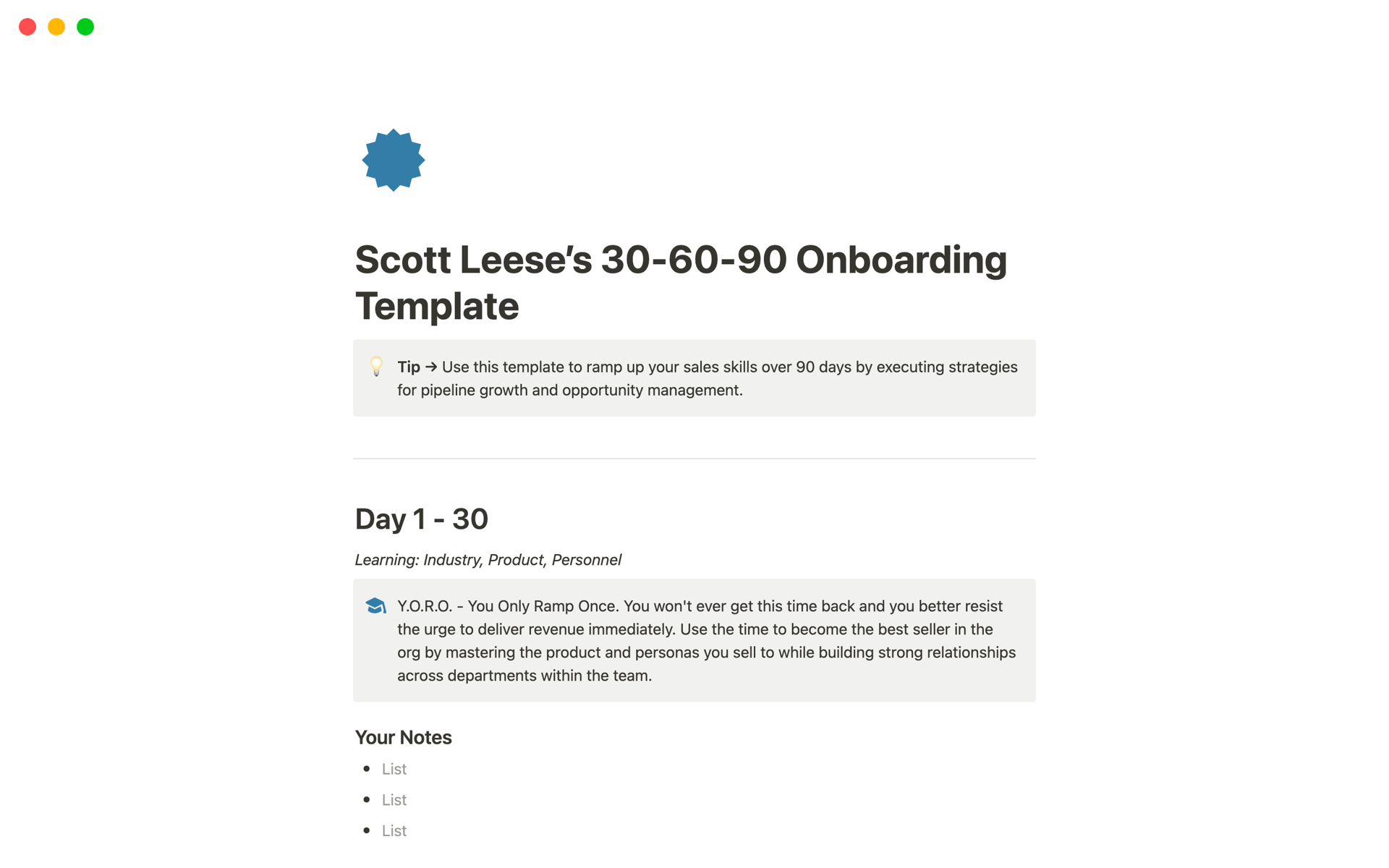 A template preview for 30-60-90 Onboarding