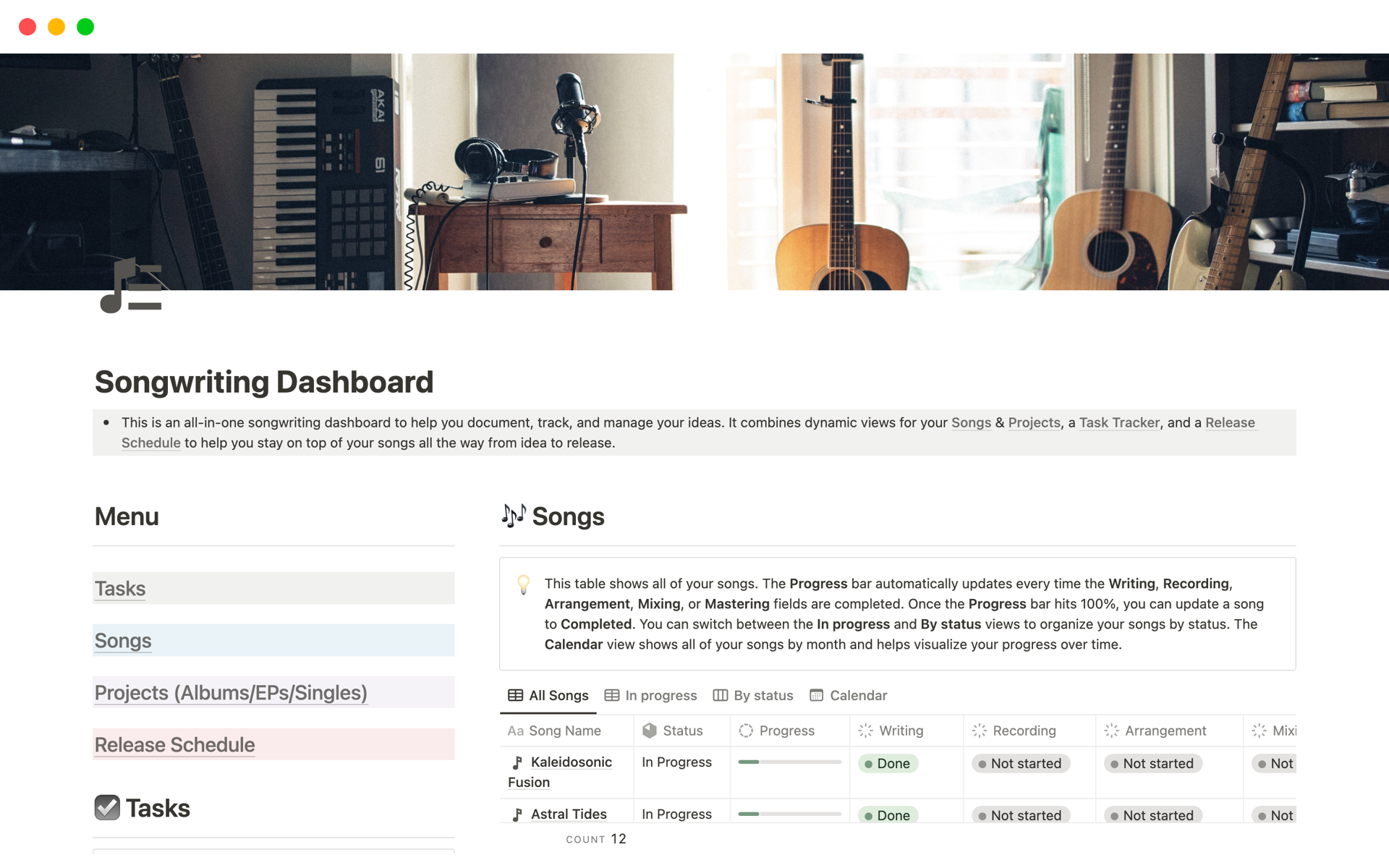 A template preview for Songwriting Dashboard