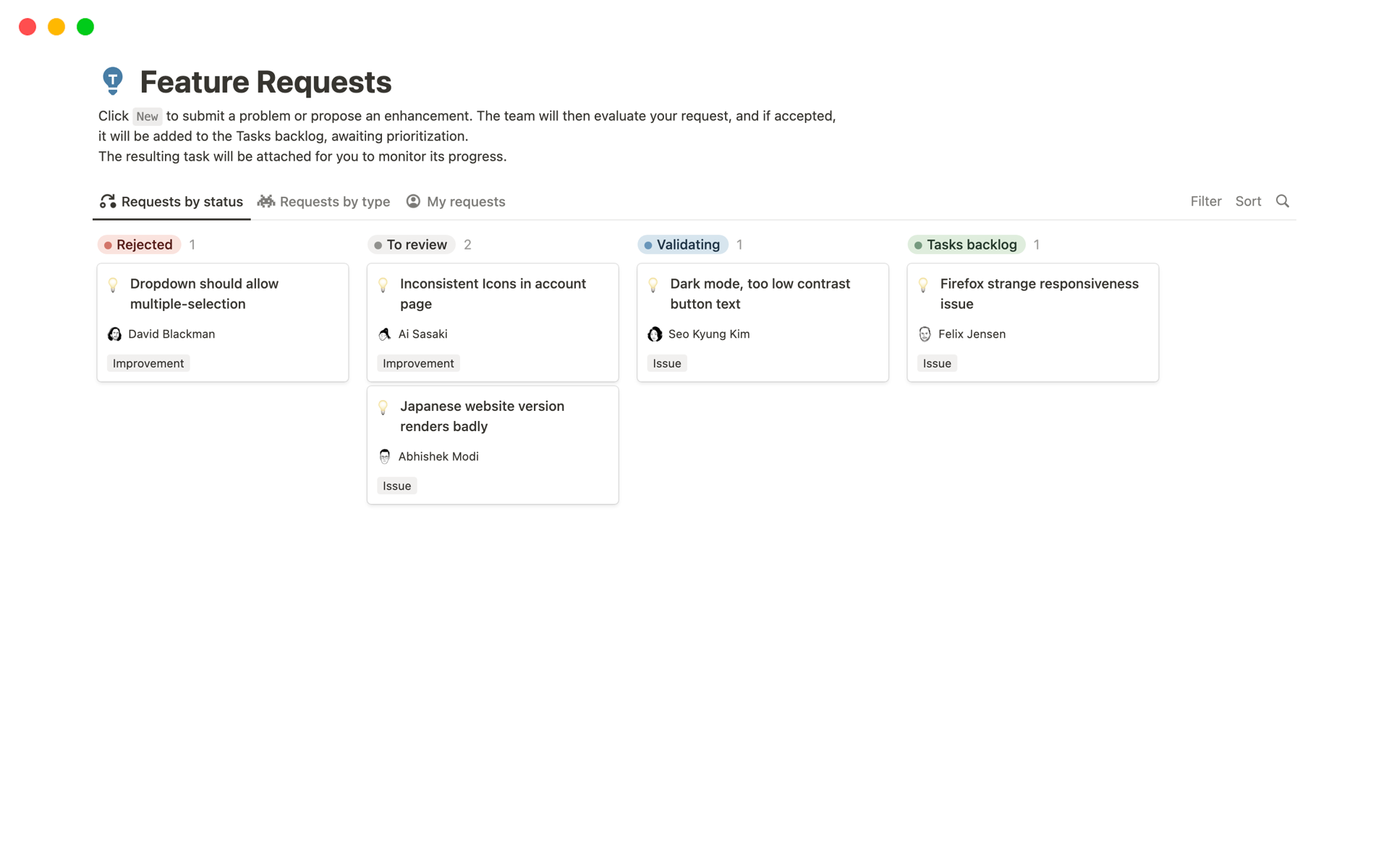 A template preview for Feature Requests