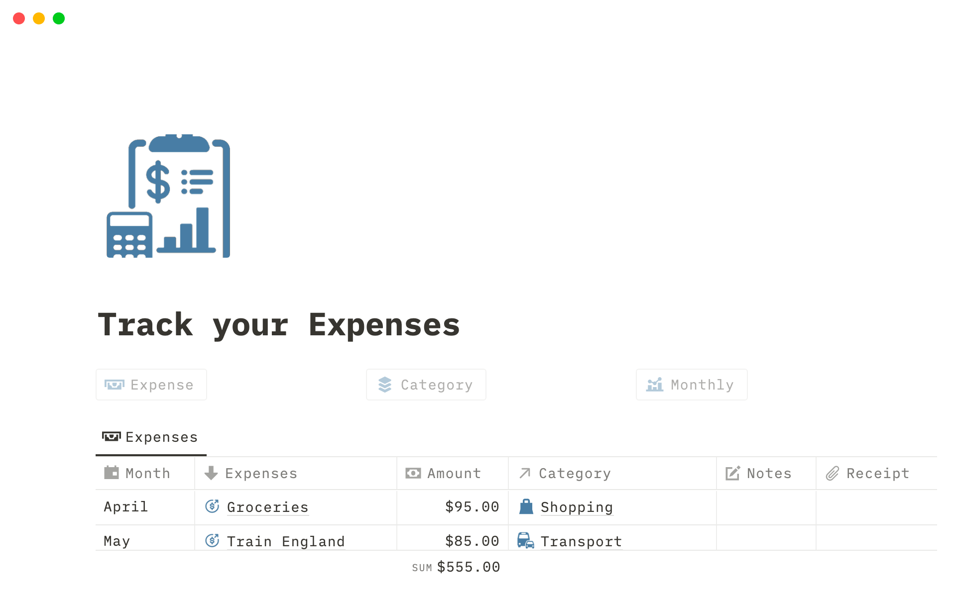 Aperçu du modèle de Track your Expenses