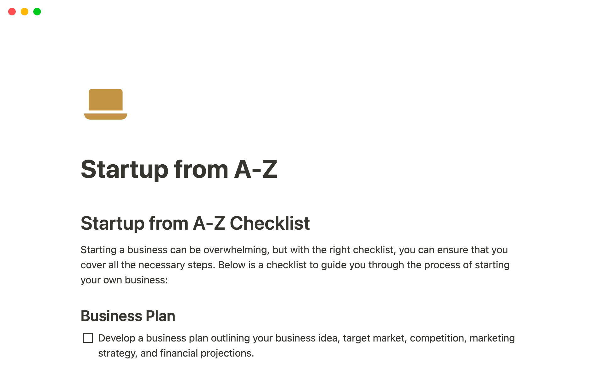 A template preview for Startup from A-Z