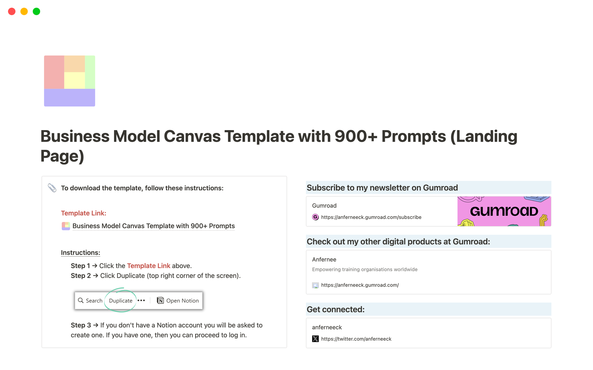 A template preview for Business Model Canvas Template with 900+ Prompts