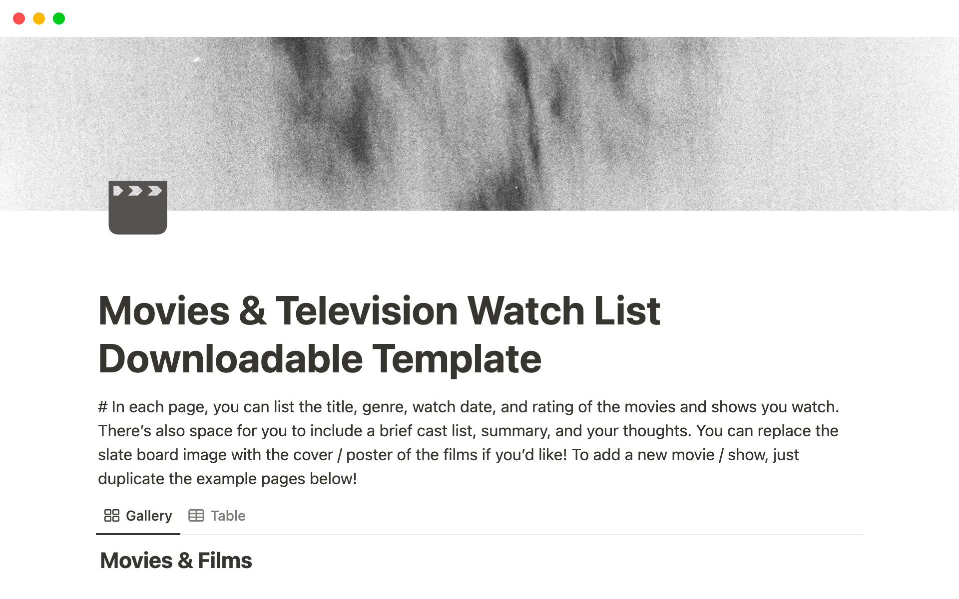 A template preview for Notion Movies & Television Watch List