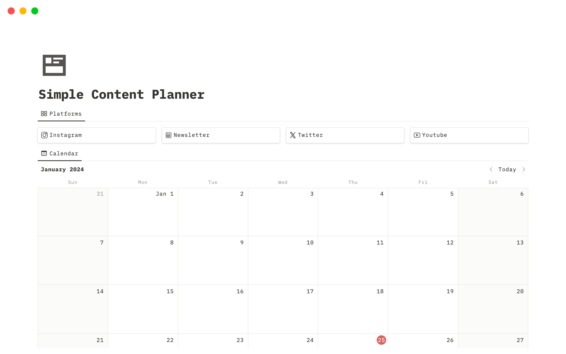 A template preview for Simple Content Planner